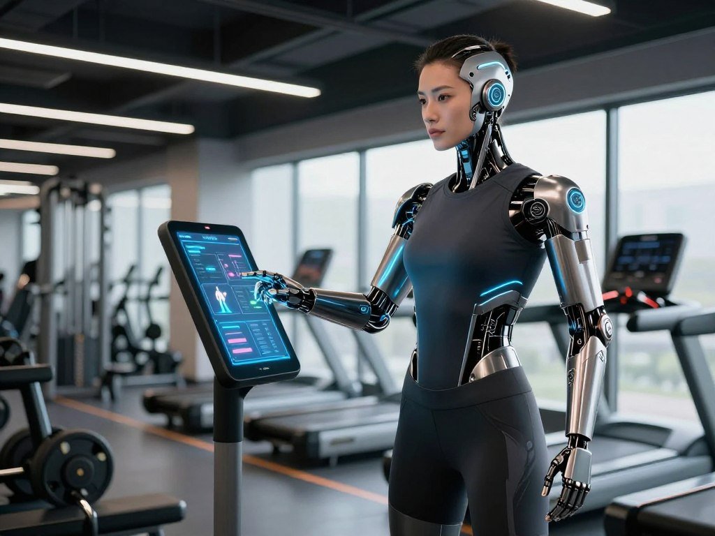 A futuristic fitness coach, designed as an AI, stands confidently in a sleek, modern gym environment. The foreground features the AI coach, with a humanoid design made of sleek metal and glowing interfaces, showcasing an interactive touch screen displaying personalized fitness plans. The AI is wearing professional athletic attire, blending technology with fitness. In the middle ground, fitness equipment like weights and a treadmill can be seen, emphasizing an active lifestyle. The background reveals large windows with natural light flooding in, illuminating the space and creating a vibrant atmosphere. The mood is motivational and energetic, highlighting the fusion of technology and personal training in a visually striking way. The camera angle is slightly low, giving the AI a commanding presence.