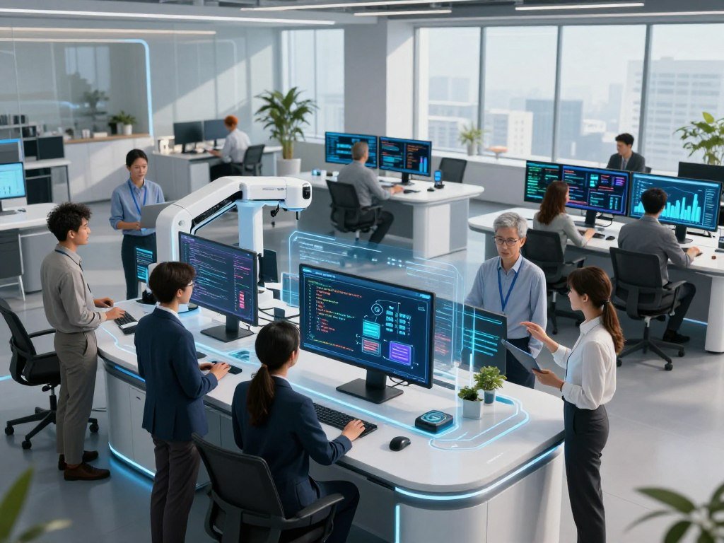 A futuristic, sleek workspace filled with advanced automated development platforms. In the foreground, a diverse group of professionals in smart business attire collaborate around a holographic interface showcasing code snippets and API structures. The middle ground features multiple computer monitors displaying dynamic graphs and data visualizations illustrating productivity metrics. In the background, a modern office environment with large windows allows natural light to stream in, creating a bright and inviting atmosphere. Use a wide-angle lens to capture the sense of innovation and teamwork, with soft shadows to enhance depth. The mood is focused and energetic, representing the overcoming of challenges in technology-driven development. A futuristic, sleek workspace filled with advanced automated development platforms. In the foreground, a diverse group of professionals in smart business attire collaborate around a holographic interface showcasing code snippets and API structures. The middle ground features multiple computer monitors displaying dynamic graphs and data visualizations illustrating productivity metrics. In the background, a modern office environment with large windows allows natural light to stream in, creating a bright and inviting atmosphere. Use a wide-angle lens to capture the sense of innovation and teamwork, with soft shadows to enhance depth. The mood is focused and energetic, representing the overcoming of challenges in technology-driven development.