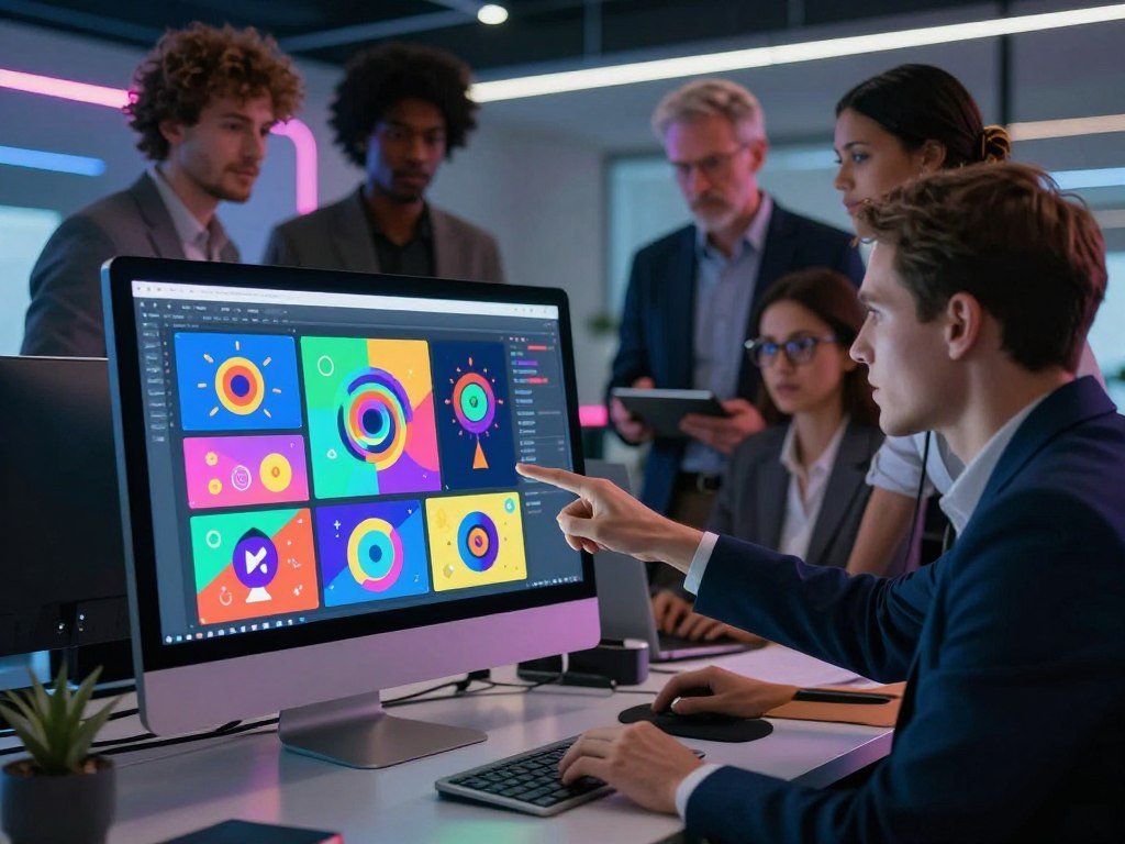 A futuristic workspace showcasing an AI-powered GIF tool in action. In the foreground, a sleek, modern computer screen displays vibrant, animated GIFs being generated in real-time, with colorful frames swirling around it. The middle ground features a diverse group of professionals, dressed in smart business attire, collaborating over the tool, pointing at the screen and discussing designs. The background hints at a high-tech office environment with soft, ambient neon lighting, emphasizing innovation and creativity. The atmosphere is dynamic and inspiring, conveying a sense of teamwork and cutting-edge technology. Use a wide-angle lens effect to enhance the depth and focus on the vibrancy of the animated GIFs.