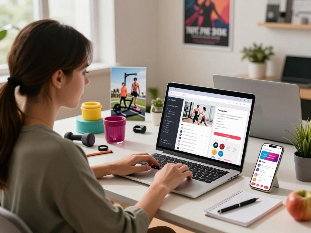 A lively and engaging scene depicting a professional individual marketing their AI fitness side hustle on social media. In the foreground, a young woman in smart casual attire sits at a sleek desk, focused on her laptop, displaying fitness plans and social media analytics on the screen. In the middle, vibrant images of fitness equipment and wellness products are scattered around, along with a smartphone showing social media icons and promotional posts. The background features a bright, modern workspace, with motivational posters on the walls and greenery adding a touch of freshness. The lighting is warm and inviting, creating an atmosphere of motivation and creativity. The camera angle is slightly elevated, giving a dynamic perspective on her work environment, emphasizing innovation and enthusiasm in the fitness marketing space.