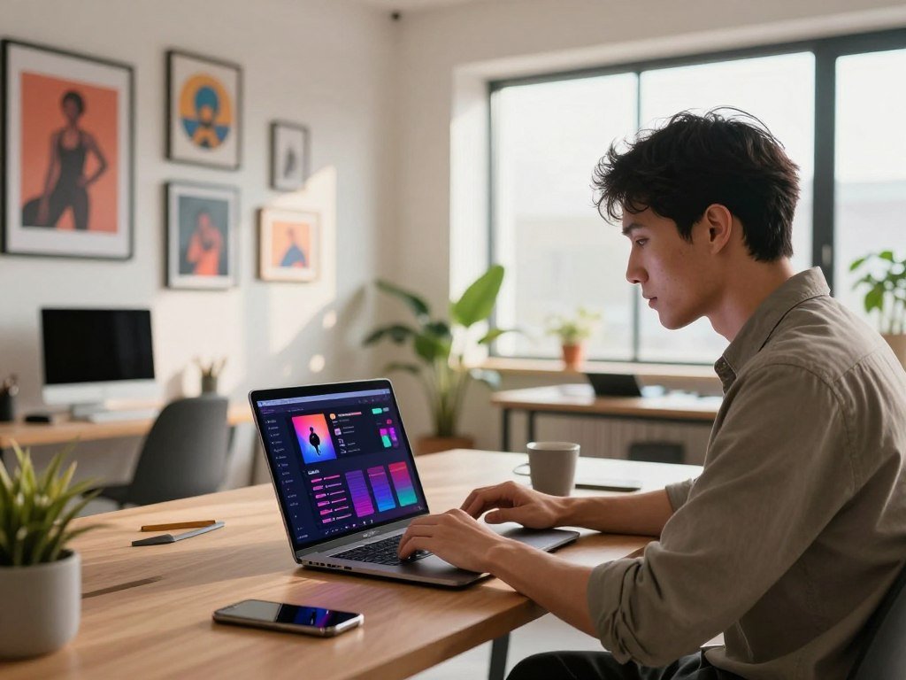 A modern, creative workspace illustrating the concept of "AI fitness playlist monetization." In the foreground, a well-dressed professional in smart casual attire is intensely focused on a laptop, displaying a vibrant digital interface of music playlists and streaming analytics. In the middle ground, a stylish wall adorned with framed music-related artwork and workout gear adds an energetic vibe. In the background, large windows let in natural light, casting a warm glow throughout the space, while a few potted plants enhance the atmosphere of creativity and motivation. The overall mood is dynamic and inspiring, capturing the fusion of technology, fitness, and business innovation. The image is framed from a slightly elevated angle to showcase both the professional and the engaging workspace.