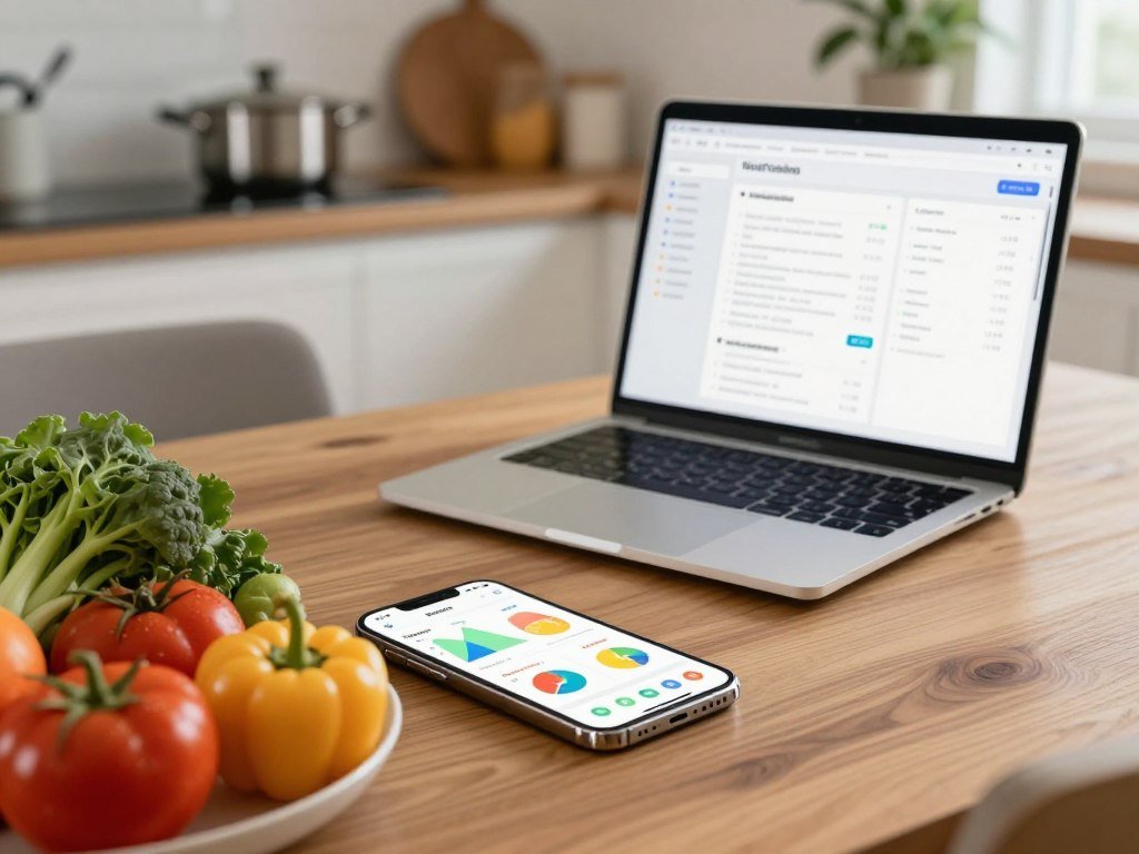 A modern food tracking app interface displayed on a sleek smartphone resting on a wooden dining table. The app features colorful graphs and charts showing calorie intake and nutritional breakdowns. In the foreground, fresh vegetables and fruits are artfully arranged, reflecting healthy eating. The middle ground includes a stylish laptop with a nutrition plan document open, emphasizing the integration of AI in meal planning. Soft, natural lighting illuminates the scene, creating a warm and inviting atmosphere. In the background, a kitchen setting with tasteful cookware adds depth, while an indoor plant enhances the freshness. The angle captures the phone and laptop appealingly, inviting viewers to engage with the smart diet solutions offered by the app.