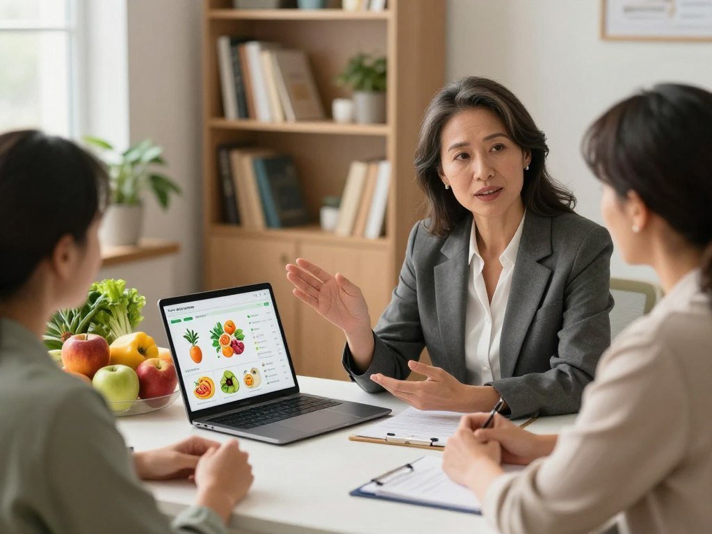 A modern nutritionist's office featuring a well-organized desk with a laptop and colorful fruits and vegetables neatly arranged. In the foreground, a confident nutritionist, a middle-aged woman wearing a smart professional outfit, discusses dietary plans with a client, who is attentively listening. The middle layer showcases a digital tablet displaying a personalized AI nutrition app interface, with vibrant graphics of food recommendations. The background includes bookshelves filled with health-related literature and indoor plants, creating a warm and inviting atmosphere. Soft, natural lighting illuminates the scene, enhancing the mood of professionalism and trust. The perspective is slightly elevated, focusing on the interaction between the nutritionist and the client, emphasizing the importance of accuracy and safety in AI-generated dietary advice. A modern nutritionist's office featuring a well-organized desk with a laptop and colorful fruits and vegetables neatly arranged. In the foreground, a confident nutritionist, a middle-aged woman wearing a smart professional outfit, discusses dietary plans with a client, who is attentively listening. The middle layer showcases a digital tablet displaying a personalized AI nutrition app interface, with vibrant graphics of food recommendations. The background includes bookshelves filled with health-related literature and indoor plants, creating a warm and inviting atmosphere. Soft, natural lighting illuminates the scene, enhancing the mood of professionalism and trust. The perspective is slightly elevated, focusing on the interaction between the nutritionist and the client, emphasizing the importance of accuracy and safety in AI-generated dietary advice.