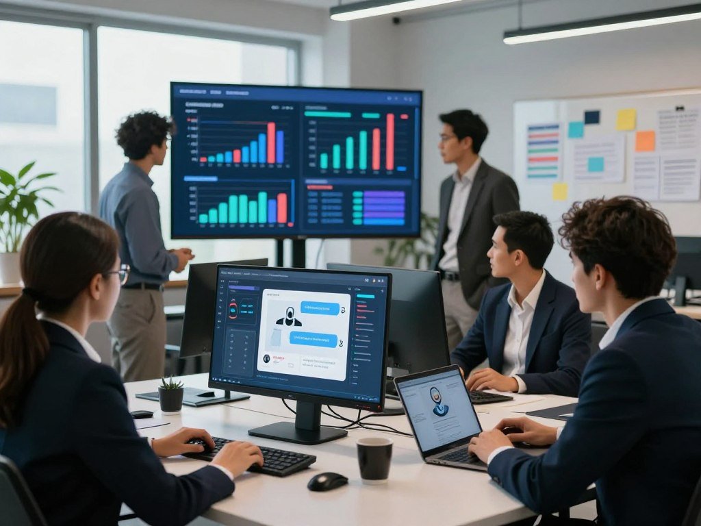 A modern office environment with a sleek, high-tech computer setup in the foreground, showcasing a user interface with chatbot analytics and optimization graphs. A diverse group of professionals in business attire, including a woman with glasses and a man with a laptop, collaborate around a table, discussing strategies for enhancing chatbot performance. In the middle ground, a large screen displays vibrant charts and metrics indicating user engagement and conversion rates, illuminated by soft, ambient lighting. The background features a bright, airy office with large windows, incorporating elements like potted plants and whiteboards filled with brainstorming notes. The overall atmosphere conveys innovation and teamwork, emphasizing the importance of optimizing technology for increased success. A modern office environment with a sleek, high-tech computer setup in the foreground, showcasing a user interface with chatbot analytics and optimization graphs. A diverse group of professionals in business attire, including a woman with glasses and a man with a laptop, collaborate around a table, discussing strategies for enhancing chatbot performance. In the middle ground, a large screen displays vibrant charts and metrics indicating user engagement and conversion rates, illuminated by soft, ambient lighting. The background features a bright, airy office with large windows, incorporating elements like potted plants and whiteboards filled with brainstorming notes. The overall atmosphere conveys innovation and teamwork, emphasizing the importance of optimizing technology for increased success.