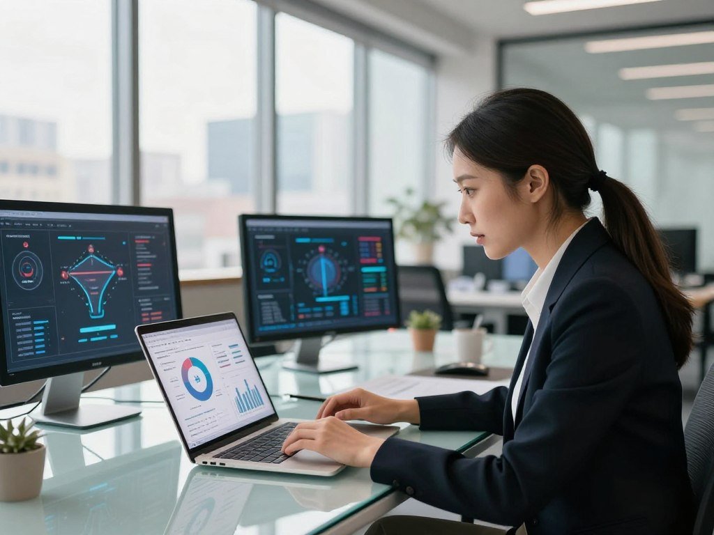 A modern office scene focused on AI-driven affiliate marketing strategies. In the foreground, a professional businesswoman, dressed in business attire, examines digital charts and graphs on a sleek laptop. She looks intently at a data visualization of affiliates and conversions. The middle ground features a glass table with digital devices displaying AI algorithms and marketing funnels. In the background, a bright, airy office space with large windows shows a blurred cityscape. Warm, natural lighting floods the room, creating an inviting atmosphere. The overall mood conveys innovation and professionalism, highlighting the importance of avoiding pitfalls in AI marketing through strategic insights and data-driven decisions. A modern office scene focused on AI-driven affiliate marketing strategies. In the foreground, a professional businesswoman, dressed in business attire, examines digital charts and graphs on a sleek laptop. She looks intently at a data visualization of affiliates and conversions. The middle ground features a glass table with digital devices displaying AI algorithms and marketing funnels. In the background, a bright, airy office space with large windows shows a blurred cityscape. Warm, natural lighting floods the room, creating an inviting atmosphere. The overall mood conveys innovation and professionalism, highlighting the importance of avoiding pitfalls in AI marketing through strategic insights and data-driven decisions.
