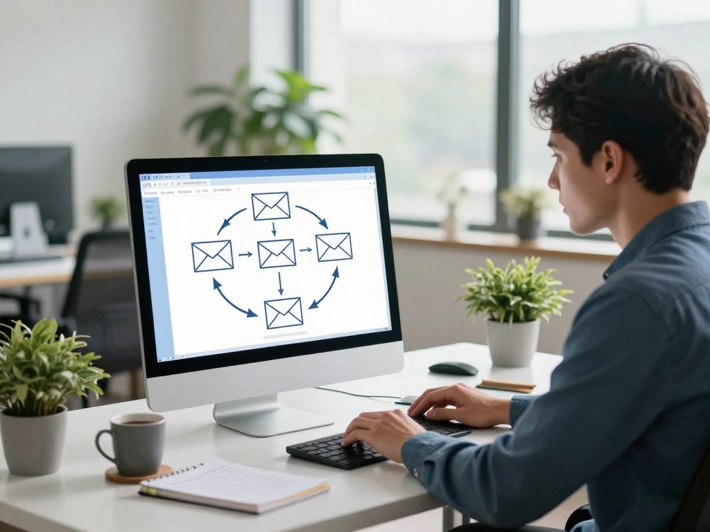 A modern office setting showcasing a professional working on a computer, with an overlay diagram illustrating an automated email sequence. In the foreground, a focused individual, dressed in business casual attire, interacts with the screen, displaying a workflow of emails connecting in a loop through arrows. The middle ground features a sleek desk with a laptop, surrounded by notes and a coffee mug. In the background, a bright, airy office filled with greenery and soft, natural light streaming through large windows creates an inspiring atmosphere. The angle captures the individual in profile, emphasizing concentration and productivity, while the color palette reflects calm and focus with blues and greens dominating. The overall mood is one of efficiency and modernity, perfect for showcasing automation in email communications.