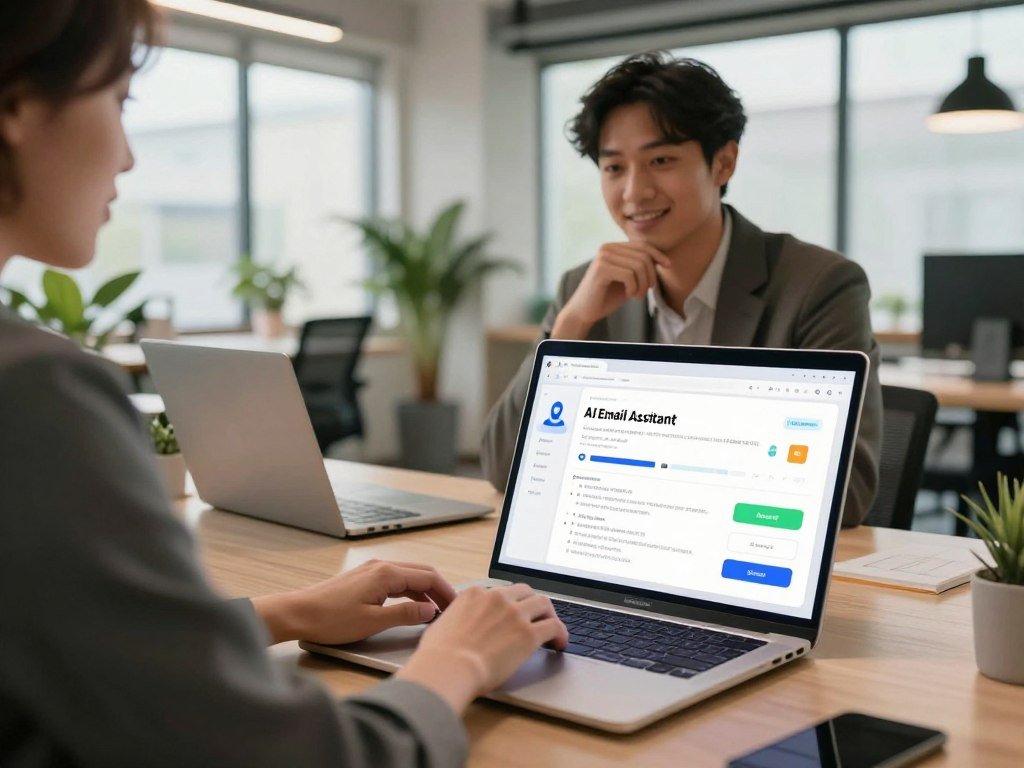 A modern office setting showcasing the concept of artificial intelligence email automation. In the foreground, a sleek laptop displays an animated interface of an AI email assistant, with colorful graphs and automated responses on the screen. In the middle, a professional businessperson in smart attire is engaged in thoughtful reflection, typing on the laptop with a warm smile, conveying a human touch. The background features a bright, open office space with plants and large windows, allowing natural light to illuminate the scene. Warm tones create an inviting atmosphere, enhancing the idea of balancing automation with personal connection. The lens perspective is slightly above eye level, providing a comprehensive view of the workspace. The overall mood is supportive and innovative, illustrating efficiency paired with a human element.