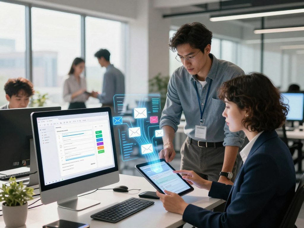 A modern office space bustling with activity, showcasing a sleek computer with an email application open, overflowing with colorful email notifications. In the foreground, a professional, diverse team of three individuals—one woman in business attire, a man in a smart casual outfit, and another woman in business casual—collaborate, analyzing automated email follow-ups on a digital tablet. The middle ground features a futuristic AI interface, highlighted by glowing visuals of data flowing seamlessly between emails. The background is filled with large windows letting in natural light, casting soft shadows across the room, creating a vibrant atmosphere of innovation and productivity. The image captures a sense of efficiency and teamwork, emphasizing the theme of automation in modern communication.