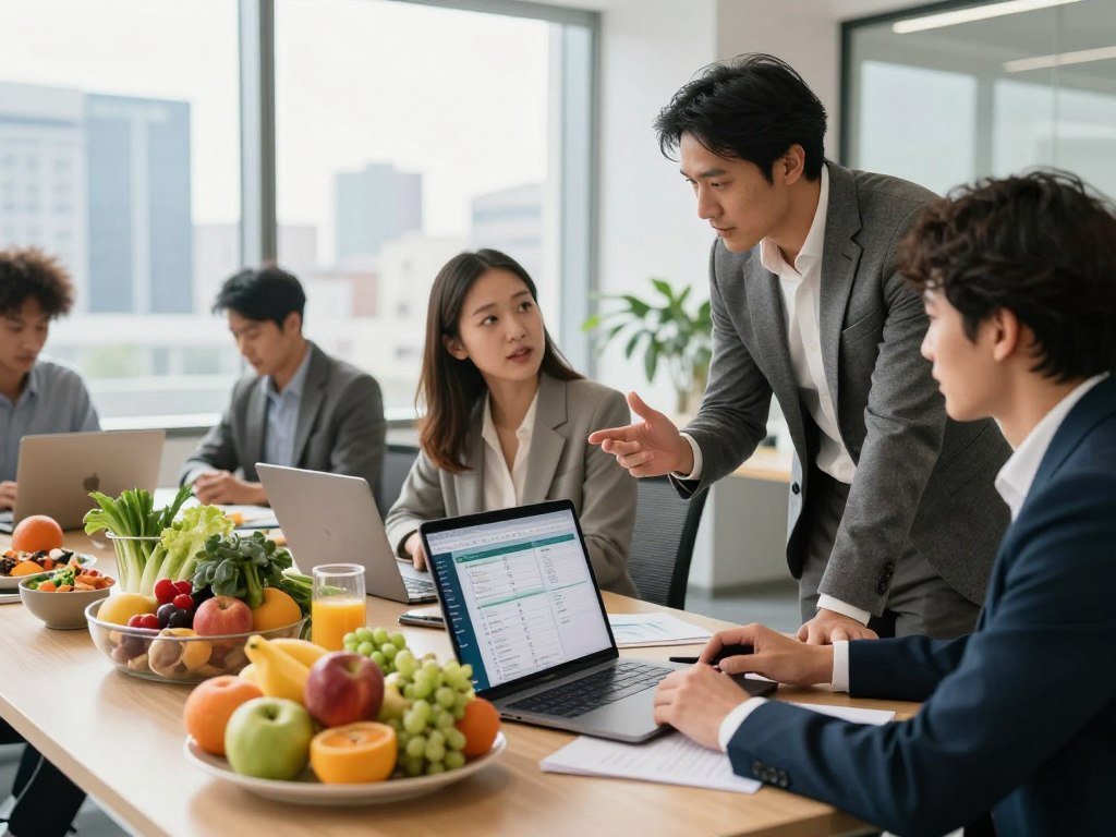 A modern office workspace featuring a diverse team of professionals collaborating on personalized diet plans. In the foreground, a desk cluttered with vibrant fruits and vegetables, along with a laptop displaying digital diet charts and user profiles. The middle ground shows a group of two individuals—a woman wearing a smart blazer and a man in a tailored suit—animatedly discussing ideas, with healthy meal samples laid out in front of them. The background reveals a large window with natural sunlight flooding in, highlighting an inspiring view of the city skyline. The mood is energetic and productive, emphasizing teamwork and innovation in nutrition. The image is captured with soft focus to create a warm atmosphere, using a 50mm lens for a professional look. A modern office workspace featuring a diverse team of professionals collaborating on personalized diet plans. In the foreground, a desk cluttered with vibrant fruits and vegetables, along with a laptop displaying digital diet charts and user profiles. The middle ground shows a group of two individuals—a woman wearing a smart blazer and a man in a tailored suit—animatedly discussing ideas, with healthy meal samples laid out in front of them. The background reveals a large window with natural sunlight flooding in, highlighting an inspiring view of the city skyline. The mood is energetic and productive, emphasizing teamwork and innovation in nutrition. The image is captured with soft focus to create a warm atmosphere, using a 50mm lens for a professional look.