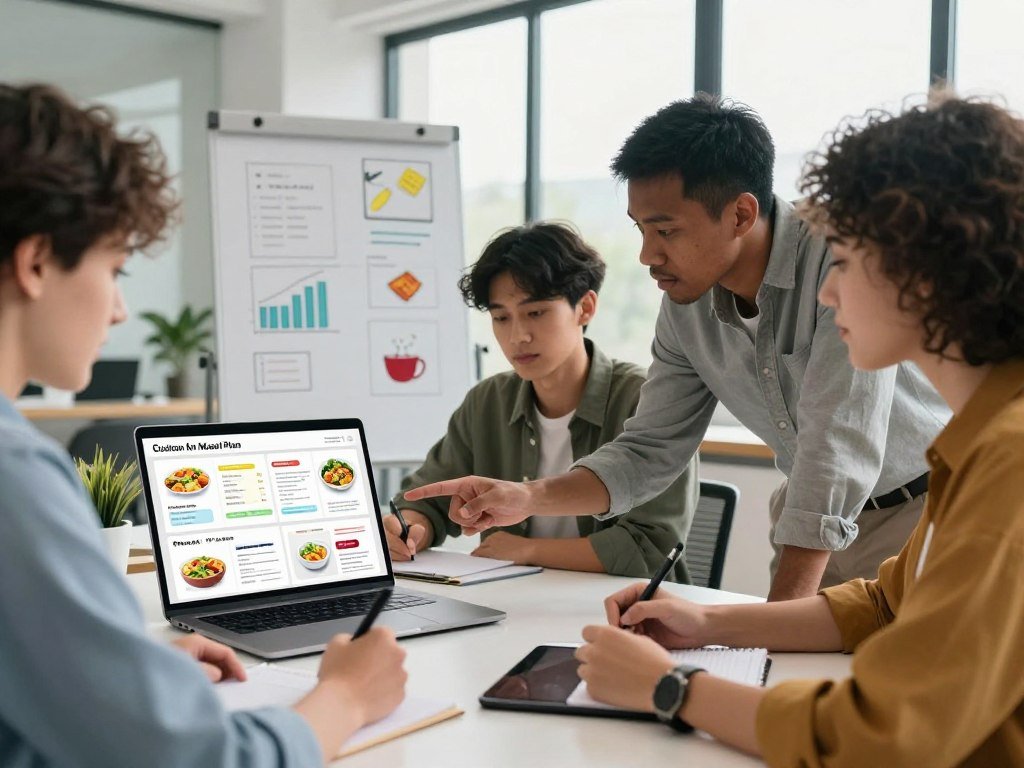 A modern, professional workspace showcasing a sleek desk with a high-quality laptop displaying vibrant custom meal plans, arranged in colorful charts and appealing graphics. In the foreground, a diverse group of three focused individuals in smart casual attire collaborates over meal planning; one is pointing at the screen, while another takes notes on a tablet. In the middle ground, a whiteboard filled with brainstorming ideas and nutritional information adds depth. The background features large windows with natural light flooding in, creating an inviting atmosphere. The overall mood is dynamic and inspiring, suggesting innovation in AI-driven nutrition. The scene is captured at a slight angle to emphasize teamwork and creativity. A modern, professional workspace showcasing a sleek desk with a high-quality laptop displaying vibrant custom meal plans, arranged in colorful charts and appealing graphics. In the foreground, a diverse group of three focused individuals in smart casual attire collaborates over meal planning; one is pointing at the screen, while another takes notes on a tablet. In the middle ground, a whiteboard filled with brainstorming ideas and nutritional information adds depth. The background features large windows with natural light flooding in, creating an inviting atmosphere. The overall mood is dynamic and inspiring, suggesting innovation in AI-driven nutrition. The scene is captured at a slight angle to emphasize teamwork and creativity.