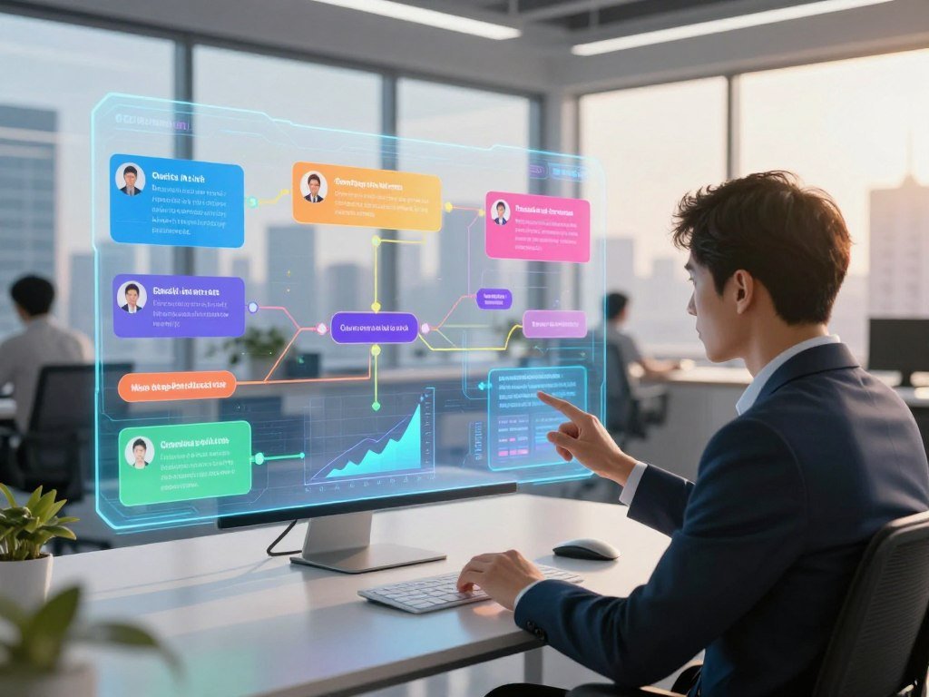 A modern, sleek digital workspace showcasing a vibrant AI quiz funnel concept. In the foreground, a professional in business attire is interacting with a holographic quiz interface, displaying engaging questions and dynamic data analytics. The middle ground features colorful quiz elements, like user avatars, intricate flowcharts showing quiz pathways, and animated graphs indicating rising revenue streams. In the background, a high-tech office environment with large windows and a city skyline, bathed in warm, natural light, conveys a productive and innovative atmosphere. The lens captures the scene at a slightly elevated angle, emphasizing the depth of interaction and technology. The overall mood is energetic and forward-thinking, inspiring creativity and business growth.