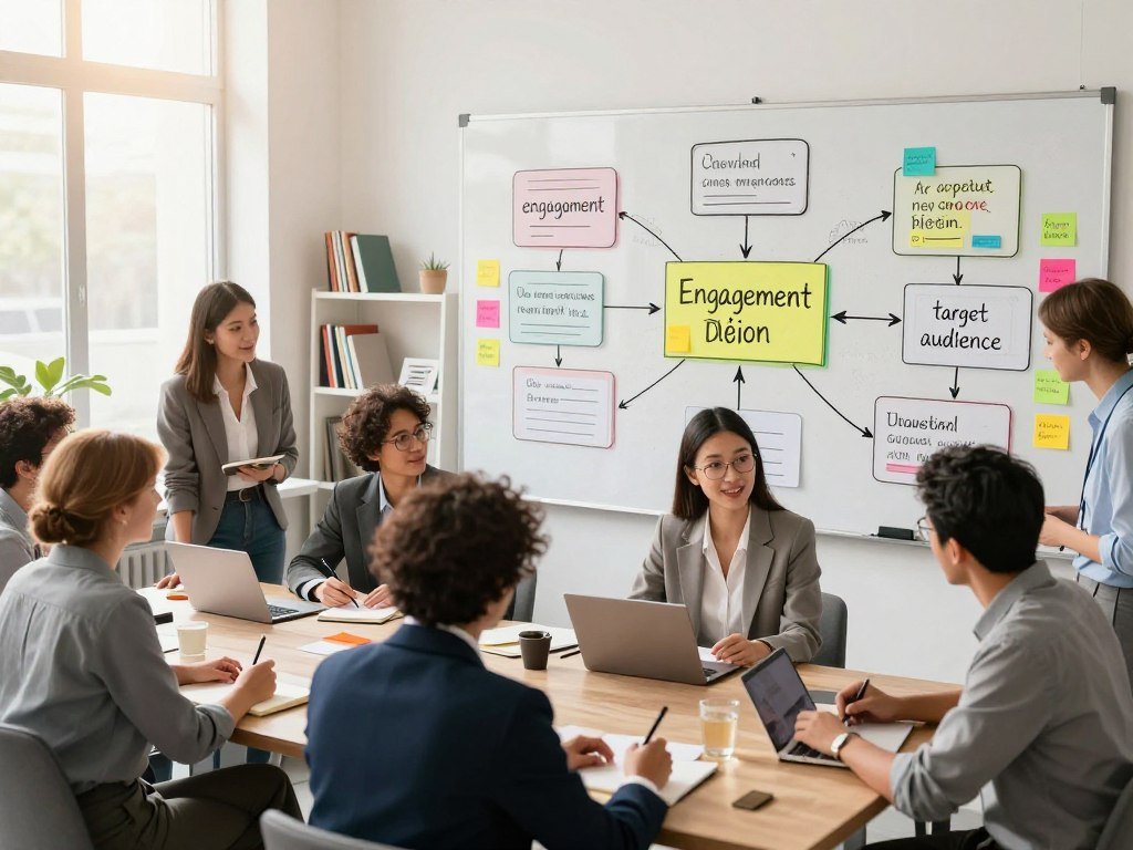 A modern, stylized office workspace filled with creative energy, showcasing a large whiteboard filled with colorful flowcharts and mind maps focusing on quiz question design. Foreground features a diverse group of professionals, dressed in smart business attire, collaborating enthusiastically over notebooks and tablets. The middle layer includes vibrant sticky notes with key phrases like "engagement" and "target audience". Background highlights a bright window allowing natural sunlight to pour in, with shelves containing books on marketing and design. The mood is vibrant and collaborative, encouraging creativity and innovation in quiz question creation, captured from a slightly elevated angle to enhance depth and dynamism. Soft, warm lighting to create an inviting atmosphere.