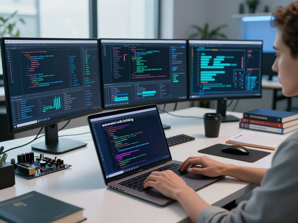 A modern tech workspace illustrating "automated code building." In the foreground, a sleek laptop is open, displaying vibrant lines of code on the screen, with a pair of hands typing, wearing smart casual attire. In the middle, a futuristic desktop setup includes multiple monitors showcasing data flow diagrams and API architecture. An organized desk holds advanced tools like a circuit board and coding books. The background features a large window with natural light illuminating the space, enhancing the productivity atmosphere. Soft, cool lighting accents the workspace, with a color palette of blues and greens. Capture a sense of innovation and efficiency, emphasizing the harmonious blend of technology and organized programming environment. A modern tech workspace illustrating "automated code building." In the foreground, a sleek laptop is open, displaying vibrant lines of code on the screen, with a pair of hands typing, wearing smart casual attire. In the middle, a futuristic desktop setup includes multiple monitors showcasing data flow diagrams and API architecture. An organized desk holds advanced tools like a circuit board and coding books. The background features a large window with natural light illuminating the space, enhancing the productivity atmosphere. Soft, cool lighting accents the workspace, with a color palette of blues and greens. Capture a sense of innovation and efficiency, emphasizing the harmonious blend of technology and organized programming environment.