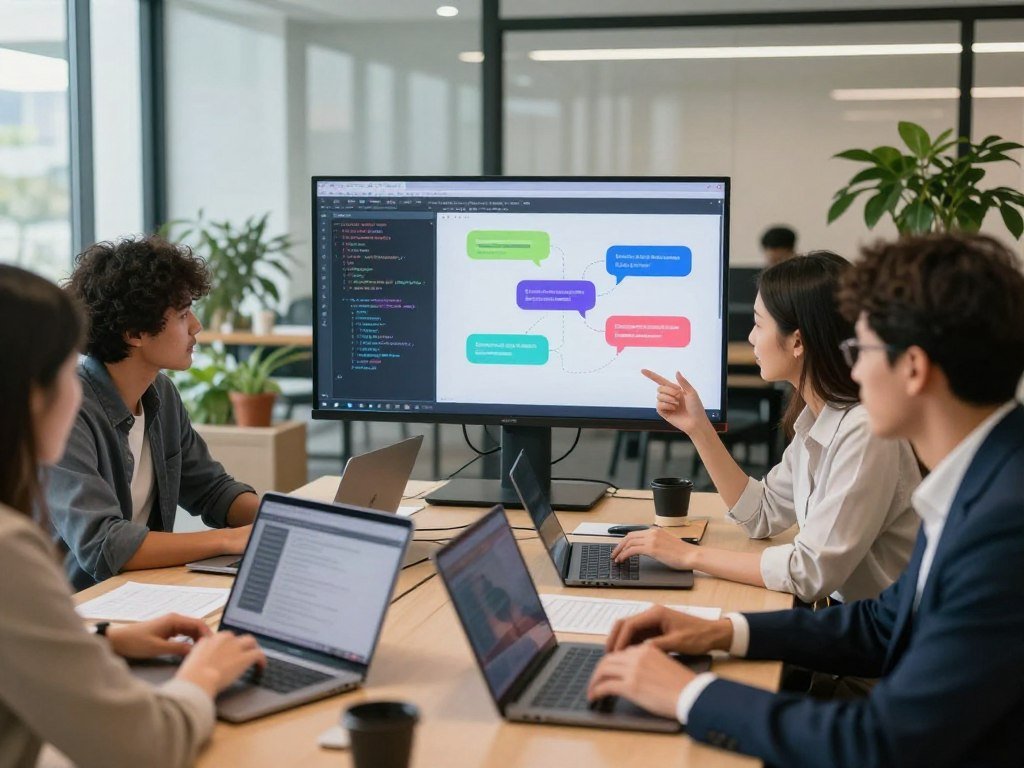 A modern workspace depicting a freelance chatbot development setting. In the foreground, a diverse group of professionals in business attire collaborate over laptops, showcasing a range of programmers and designers exchanging ideas with focused expressions. The middle features a large screen displaying colorful diagrams and code snippets related to chatbot frameworks. The background hints at a stylish, bright office with glass walls and contemporary furniture, adorned with potted plants providing a touch of nature. Soft, natural lighting filters through the windows, casting gentle shadows, while an optimistic, productive atmosphere invites inspiration and creativity. A close-up shot captures the energy and teamwork involved in developing engaging chatbots. A modern workspace depicting a freelance chatbot development setting. In the foreground, a diverse group of professionals in business attire collaborate over laptops, showcasing a range of programmers and designers exchanging ideas with focused expressions. The middle features a large screen displaying colorful diagrams and code snippets related to chatbot frameworks. The background hints at a stylish, bright office with glass walls and contemporary furniture, adorned with potted plants providing a touch of nature. Soft, natural lighting filters through the windows, casting gentle shadows, while an optimistic, productive atmosphere invites inspiration and creativity. A close-up shot captures the energy and teamwork involved in developing engaging chatbots.