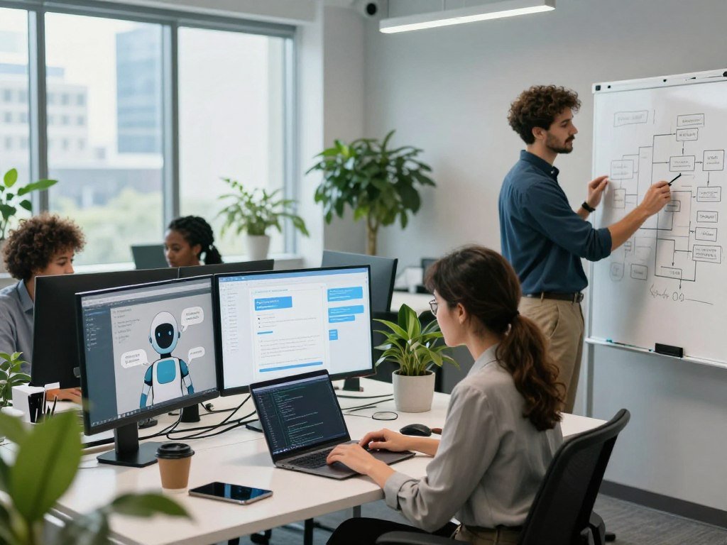 A modern workspace featuring a diverse group of professionals collaborating on chatbot development. In the foreground, a woman in business attire is focused on a laptop, analyzing code, while a man in smart casual clothing shares ideas on a whiteboard filled with flowcharts and diagrams. The middle ground captures a bright, open office with plants and high-tech monitors displaying chatbot designs and analytics. The background showcases large windows with city views, letting in natural light that enhances the innovative atmosphere. Soft blue and green tones dominate the color palette, creating a calm yet productive mood. The scene conveys a sense of teamwork and creativity in overcoming challenges in chatbot development. A modern workspace featuring a diverse group of professionals collaborating on chatbot development. In the foreground, a woman in business attire is focused on a laptop, analyzing code, while a man in smart casual clothing shares ideas on a whiteboard filled with flowcharts and diagrams. The middle ground captures a bright, open office with plants and high-tech monitors displaying chatbot designs and analytics. The background showcases large windows with city views, letting in natural light that enhances the innovative atmosphere. Soft blue and green tones dominate the color palette, creating a calm yet productive mood. The scene conveys a sense of teamwork and creativity in overcoming challenges in chatbot development.