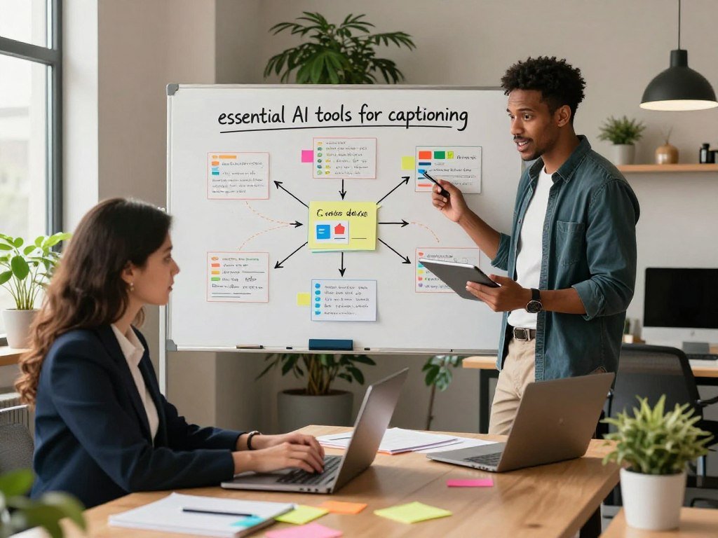 A modern workspace featuring a diverse group of three professionals collaborating on captions for social media. In the foreground, a woman in professional attire is focused on her laptop, typing intently with colorful notes scattered around her. Beside her, a man in a smart-casual outfit holds a tablet, sharing ideas with enthusiasm. In the middle ground, a large whiteboard displays a mind map of "essential AI tools for captioning," with vibrant markers and diagrams. The background showcases a cozy office with plants and modern décor, bathed in warm, natural light streaming through a window. The atmosphere is dynamic and productive, emphasizing creativity and teamwork in the digital captioning space.