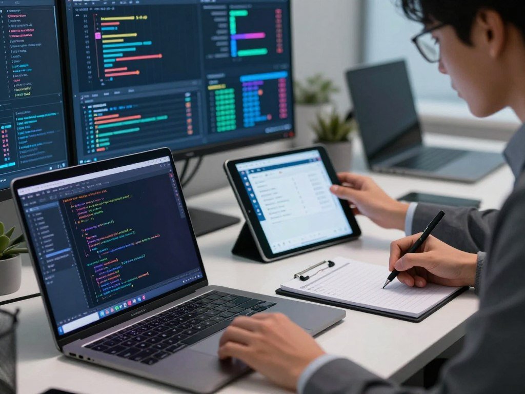 A modern workspace filled with advanced coding tools and technology. In the foreground, a sleek laptop displays lines of code in a vibrant IDE environment. Next to it, a tablet shows a user-friendly API testing interface. In the middle ground, a figure in professional business attire, focused and engaged, is analyzing the screen while making notes on a digital notepad. The background features a high-tech wall display showcasing real-time debugging analytics, with colorful graphs and metrics. Soft, diffused lighting creates a productive atmosphere, and the overall setting conveys a sense of innovation and efficiency in software development. The image captures the essence of testing and debugging AI-generated endpoints in a dynamic, tech-inspired environment. A modern workspace filled with advanced coding tools and technology. In the foreground, a sleek laptop displays lines of code in a vibrant IDE environment. Next to it, a tablet shows a user-friendly API testing interface. In the middle ground, a figure in professional business attire, focused and engaged, is analyzing the screen while making notes on a digital notepad. The background features a high-tech wall display showcasing real-time debugging analytics, with colorful graphs and metrics. Soft, diffused lighting creates a productive atmosphere, and the overall setting conveys a sense of innovation and efficiency in software development. The image captures the essence of testing and debugging AI-generated endpoints in a dynamic, tech-inspired environment.