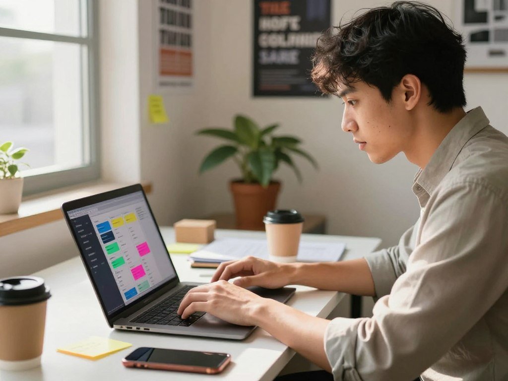 A modern workspace scene focused on an entrepreneur engaged in selling captions as a side hustle. In the foreground, a young professional person in smart casual attire, intently typing on a laptop with the screen displaying a colorful interface of caption options. In the middle ground, a cluttered desk adorned with sticky notes, a smartphone, and a coffee cup, symbolizing productivity. The background features a well-lit room with motivational posters on the walls and a potted plant for a touch of greenery. The mood is energetic and inspiring, illuminated by warm, natural light streaming through a window, while a shallow depth of field keeps the focus on the entrepreneur’s determined expression.