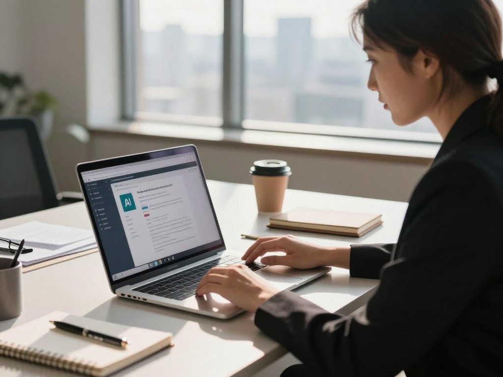 A modern workspace setting, featuring a focused individual sitting at a sleek desk with a laptop displaying AI software. The foreground highlights the person, a professional woman in business attire, intently working, with her hand poised over the keyboard, conveying concentration and determination. The middle ground includes various creative items like notebooks and pens, emphasizing the concept of brainstorming and productivity. In the background, a bright window reveals a city skyline, symbolizing opportunities in freelancing. The lighting is warm and inviting, with soft shadows and a hint of sunlight pouring in. The atmosphere reflects a sense of hustle and inspiration, ideal for overcoming challenges in AI freelancing.