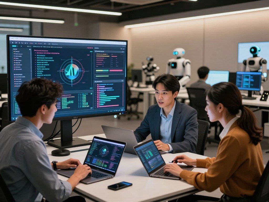 A modern workspace showcasing a high-tech AI training program in action. In the foreground, a diverse group of three professionals—two men and one woman—dressed in stylish business casual attire, engaged in a collaborative discussion while analyzing data on sleek laptops and tablets. The middle ground features a large digital screen displaying complex algorithms and graphs related to AI analytics. In the background, a well-organized office space filled with cutting-edge technology, such as robots and interactive displays, is softly illuminated with warm, ambient lighting. The atmosphere is energetic and focused, emphasizing innovation and the future of AI tools in business. The perspective is slightly angled to capture both the group and the dynamic workspace.