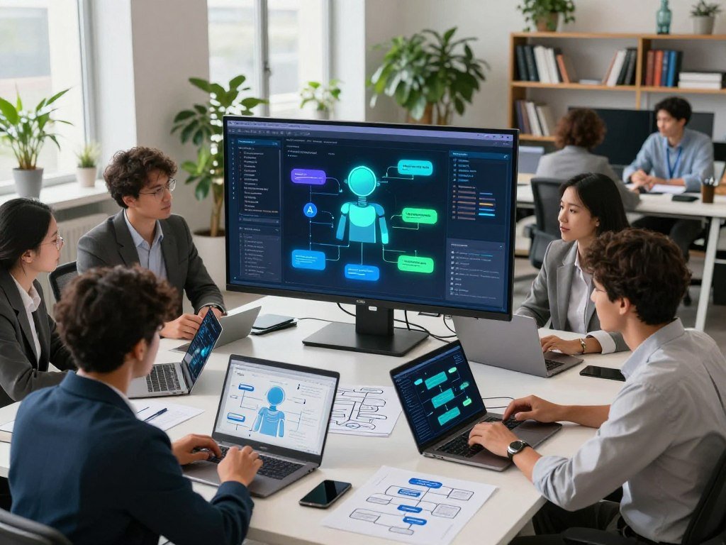 A modern workspace with a focus on chatbot development. In the foreground, a diverse group of professionals, dressed in smart business attire, collaborate around a large table covered with laptops, tablets, and technical diagrams of chatbot flows. In the middle, a large digital screen displays colorful visualizations of chatbot programming interfaces and AI algorithms, glowing softly in blue and green hues. In the background, a bright, airy office filled with plants, large windows letting in natural light, and shelves filled with tech-related books. The atmosphere is dynamic and innovative, reflecting a productive environment where cutting-edge AI solutions are being developed. Capture this scene from a slightly elevated angle to showcase both the teamwork and the technology at work. A modern workspace with a focus on chatbot development. In the foreground, a diverse group of professionals, dressed in smart business attire, collaborate around a large table covered with laptops, tablets, and technical diagrams of chatbot flows. In the middle, a large digital screen displays colorful visualizations of chatbot programming interfaces and AI algorithms, glowing softly in blue and green hues. In the background, a bright, airy office filled with plants, large windows letting in natural light, and shelves filled with tech-related books. The atmosphere is dynamic and innovative, reflecting a productive environment where cutting-edge AI solutions are being developed. Capture this scene from a slightly elevated angle to showcase both the teamwork and the technology at work.