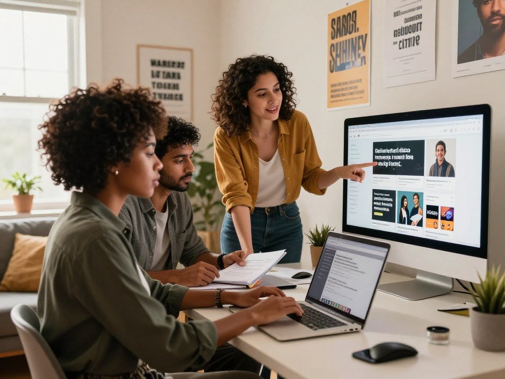 A professional and engaging home office scene featuring a diverse group of three individuals collaborating on caption writing. In the foreground, a Black woman in smart casual attire sits at a desk, using a laptop with focused determination, while a South Asian man reviews notes beside her, showcasing teamwork. A Hispanic woman stands in the middle, enthusiastically pointing at a large monitor displaying various social media platforms, emphasizing marketing strategies. The background features motivational posters about creativity and entrepreneurship. The room is well-lit with warm, natural light filtering through a window, creating an inviting atmosphere. Use a wide-angle lens to capture the dynamic environment and characters, enriching the mood of collaboration and innovation in captioning services.