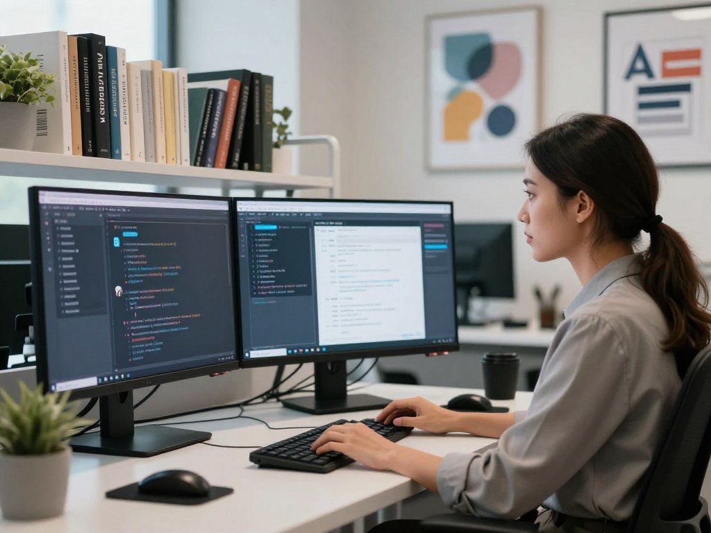 A professional chatbot developer sits at a sleek, modern workspace, showcasing multiple screens displaying chatbot code and interaction analytics. The foreground features the developer, a woman in smart casual attire, deeply focused on her work. In the middle ground, a shelf is lined with books on AI ethics and legal considerations, highlighting the importance of responsible development. The background shows a light-filled office with abstract art and motivational posters related to innovation and technology. Soft, diffused lighting enhances the professional yet inviting atmosphere, with a slight focus on the developer's concentrated expression. The image captures the essence of ethical AI development and innovation in chatbot monetization. A professional chatbot developer sits at a sleek, modern workspace, showcasing multiple screens displaying chatbot code and interaction analytics. The foreground features the developer, a woman in smart casual attire, deeply focused on her work. In the middle ground, a shelf is lined with books on AI ethics and legal considerations, highlighting the importance of responsible development. The background shows a light-filled office with abstract art and motivational posters related to innovation and technology. Soft, diffused lighting enhances the professional yet inviting atmosphere, with a slight focus on the developer's concentrated expression. The image captures the essence of ethical AI development and innovation in chatbot monetization.