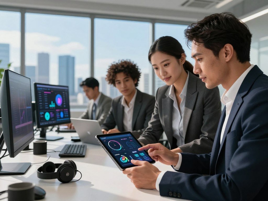 A professional office environment with a modern, high-tech feel. In the foreground, a diverse group of three individuals dressed in professional business attire is collaborating over a digital tablet, analyzing charts and graphs related to AI-driven fitness playlists. The middle ground features a sleek desk with fitness-related gadgets, headphones, and music production equipment, symbolizing innovation in fitness music monetization. In the background, large windows reveal a city skyline under a bright blue sky, creating a vibrant atmosphere. Soft, natural lighting fills the room, casting pleasant shadows and enhancing a productive mood. The composition invites viewers into the world of business and technology in fitness, emphasizing the theme of growth and profitability through AI in music.