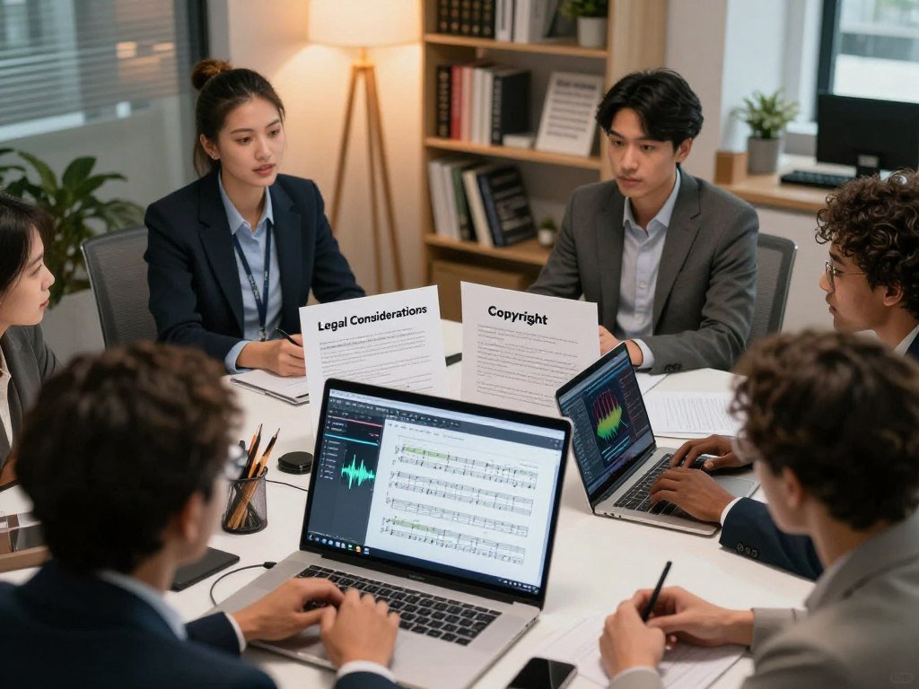 A professional office setting featuring a diverse group of individuals, including a woman and a man in business attire, engaged in a discussion about AI-generated music. In the foreground, a digital music workstation with waveforms and sheets of music visually representing copyright concepts. In the middle ground, a large table with documents labeled "Legal Considerations" and "Copyright" alongside a laptop displaying music production software. The background shows a modern office with shelves of books on intellectual property, legal statutes, and music theory. Soft, warm lighting creates an inspiring atmosphere for collaboration. Shot with a slight overhead angle, focusing on the interaction and the vibrant details of the workspace.