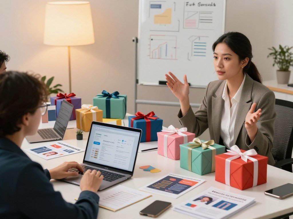 A professional setting with a focus on marketing AI gift services. In the foreground, a confident businesswoman in smart casual attire, engaged in a brainstorming session, surrounded by a laptop, notes, and colorful gift boxes showcasing various AI-generated personalized gifts. The middle ground features a well-organized table full of gadgets and marketing materials, like flyers and product samples, emphasizing creativity and innovation. In the background, a whiteboard filled with ideas and strategies, highlighted by soft, warm lighting that creates an inviting atmosphere. The scene is shot from a slightly elevated angle to capture the dynamic workspace, conveying a sense of motivation and entrepreneurial spirit. A professional setting with a focus on marketing AI gift services. In the foreground, a confident businesswoman in smart casual attire, engaged in a brainstorming session, surrounded by a laptop, notes, and colorful gift boxes showcasing various AI-generated personalized gifts. The middle ground features a well-organized table full of gadgets and marketing materials, like flyers and product samples, emphasizing creativity and innovation. In the background, a whiteboard filled with ideas and strategies, highlighted by soft, warm lighting that creates an inviting atmosphere. The scene is shot from a slightly elevated angle to capture the dynamic workspace, conveying a sense of motivation and entrepreneurial spirit.