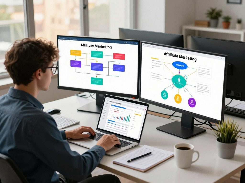 A sleek, modern workspace depicting a professional individual in business attire, sitting at a computer surrounded by vibrant digital displays showcasing affiliate marketing graphs and analytics. In the foreground, a well-organized desk features a laptop, notes, and a coffee mug, highlighting productivity. The middle ground presents large screens displaying flowcharts of automated affiliate funnels, with icons symbolizing income streams and network connections. In the background, a large window allows soft, natural light to filter in, creating a warm and inviting atmosphere. The scene embodies a sense of focus and innovation, ideal for mastering affiliate marketing automation. Capture this in a dynamic and slightly elevated angle, emphasizing the workspace's efficiency and modernity. A sleek, modern workspace depicting a professional individual in business attire, sitting at a computer surrounded by vibrant digital displays showcasing affiliate marketing graphs and analytics. In the foreground, a well-organized desk features a laptop, notes, and a coffee mug, highlighting productivity. The middle ground presents large screens displaying flowcharts of automated affiliate funnels, with icons symbolizing income streams and network connections. In the background, a large window allows soft, natural light to filter in, creating a warm and inviting atmosphere. The scene embodies a sense of focus and innovation, ideal for mastering affiliate marketing automation. Capture this in a dynamic and slightly elevated angle, emphasizing the workspace's efficiency and modernity.