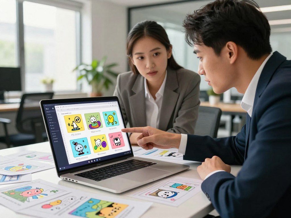 A sleek, modern workspace featuring an AI-powered GIF design tool displayed prominently on a high-resolution laptop screen. In the foreground, the laptop is surrounded by colorful sketches and animated frames, showcasing the creative process of GIF design. In the middle, a pair of professional individuals in business attire collaborate, pointing at the screen with focused expressions, embodying teamwork and innovation. The background reveals a vibrant office environment with large windows letting in natural light, casting a warm glow that enhances the atmosphere of creativity and productivity. The overall mood is inspiring and dynamic, emphasizing the ease and effectiveness of using AI technology for creating viral animated GIFs for social media.