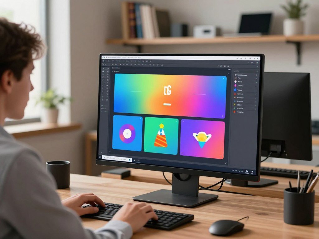 A sleek, modern workspace featuring an advanced AI-powered GIF design tool on a high-resolution computer screen. The foreground shows a user, dressed in professional business attire, focused on creating dynamic and eye-catching animated GIFs, with colorful elements and a user-friendly interface visible on the screen. In the middle, vibrant GIF animations are showcased in a digital gallery, with smooth gradients and lively colors that suggest creativity and innovation. The background displays shelves filled with design books and tech gadgets, softly blurred to emphasize the workspace. The scene is illuminated by warm, natural light coming from a nearby window, creating a welcoming and inspiring atmosphere. Overall, the mood conveys efficiency, creativity, and the future of digital design.