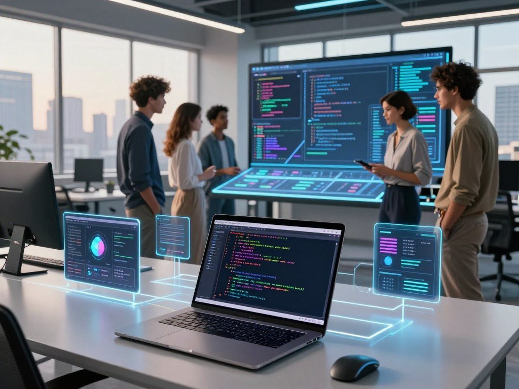 A sleek, modern workspace filled with advanced AI coding tools. In the foreground, a high-tech laptop displays an intricate code editor with colorful syntax highlighting, while various AI API integration interfaces float around it, interconnected with glowing lines. In the middle, a diverse group of professionals in smart casual attire gather around a large digital touchscreen, actively collaborating on API development, showing determination and focus. The background features a futuristic office environment, with large windows showcasing a city skyline bathed in soft daylight, and holographic screens floating with data visualizations and coding statistics. The atmosphere is dynamic and innovative, emphasizing productivity and cutting-edge technology. The lighting is bright and inspiring, capturing a sense of collaboration and modernity. A sleek, modern workspace filled with advanced AI coding tools. In the foreground, a high-tech laptop displays an intricate code editor with colorful syntax highlighting, while various AI API integration interfaces float around it, interconnected with glowing lines. In the middle, a diverse group of professionals in smart casual attire gather around a large digital touchscreen, actively collaborating on API development, showing determination and focus. The background features a futuristic office environment, with large windows showcasing a city skyline bathed in soft daylight, and holographic screens floating with data visualizations and coding statistics. The atmosphere is dynamic and innovative, emphasizing productivity and cutting-edge technology. The lighting is bright and inspiring, capturing a sense of collaboration and modernity.