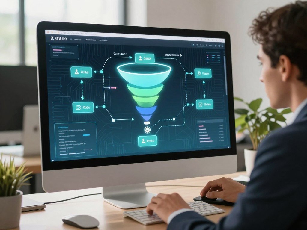 A sleek, modern workspace showing a computer screen displaying a dynamic affiliate funnel software interface. In the foreground, a well-dressed professional in a business suit is engaged with the software, analyzing data with a focused expression. The middle layer features a digital flowchart illustrating various stages of the funnel, with arrows and icons representing leads, conversions, and automated processes, all glowing softly to indicate activity. The background is filled with abstract tech-themed imagery, like circuit patterns and graphs, in a calming blue and green palette. Warm, natural light from a nearby window bathes the scene, adding an air of productivity and innovation, while the overall mood conveys efficiency and advanced technology. A sleek, modern workspace showing a computer screen displaying a dynamic affiliate funnel software interface. In the foreground, a well-dressed professional in a business suit is engaged with the software, analyzing data with a focused expression. The middle layer features a digital flowchart illustrating various stages of the funnel, with arrows and icons representing leads, conversions, and automated processes, all glowing softly to indicate activity. The background is filled with abstract tech-themed imagery, like circuit patterns and graphs, in a calming blue and green palette. Warm, natural light from a nearby window bathes the scene, adding an air of productivity and innovation, while the overall mood conveys efficiency and advanced technology.