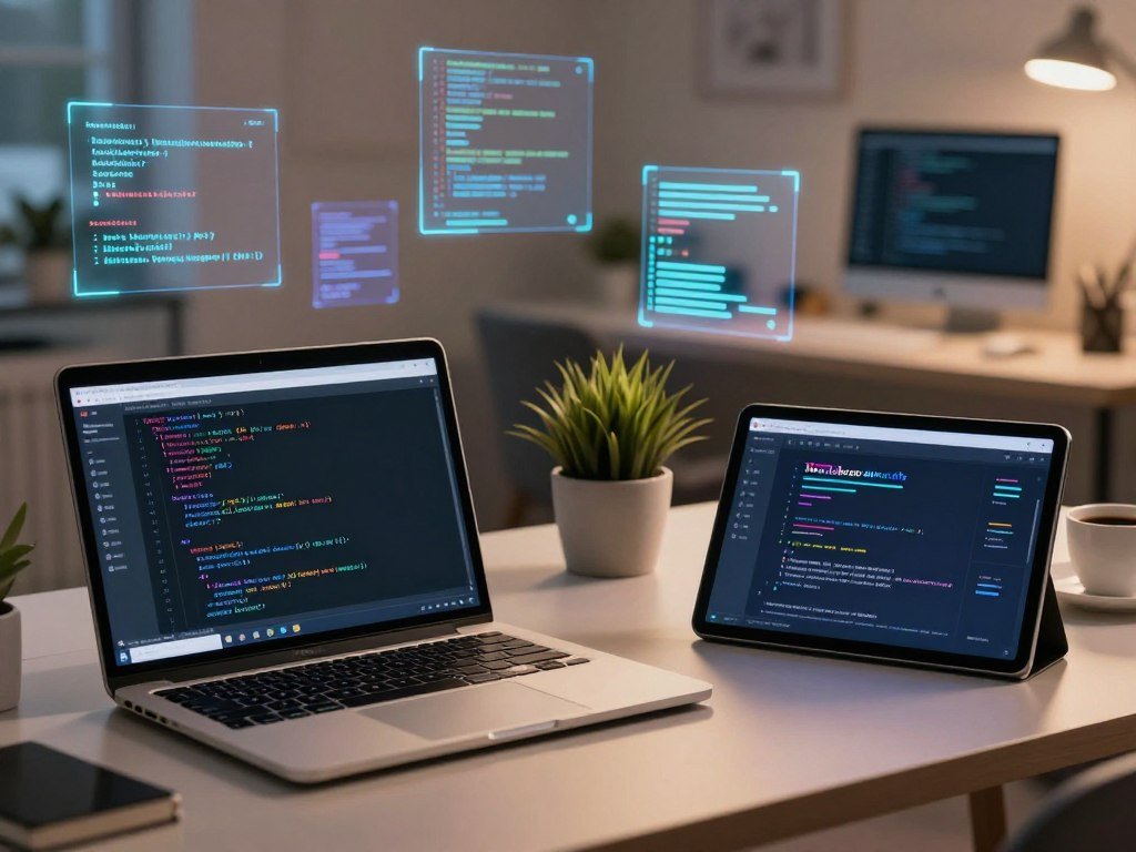 A technologically advanced workspace showcasing machine learning APIs and code generation tools. In the foreground, a sleek laptop displays lines of code and API documentation on the screen, while next to it, a modern tablet showcases an interactive code generation tool interface. The middle ground features a stylish desk with a potted plant and a cup of coffee, emphasizing a productive atmosphere. The background is filled with digital elements, such as floating holographic data streams and code snippets, creating a sense of innovation. Soft, ambient lighting casts a warm glow over the scene, while a slight lens blur adds depth, focusing attention on the coding tools. The mood is inspiring and dynamic, reflecting creativity and technological advancement. A technologically advanced workspace showcasing machine learning APIs and code generation tools. In the foreground, a sleek laptop displays lines of code and API documentation on the screen, while next to it, a modern tablet showcases an interactive code generation tool interface. The middle ground features a stylish desk with a potted plant and a cup of coffee, emphasizing a productive atmosphere. The background is filled with digital elements, such as floating holographic data streams and code snippets, creating a sense of innovation. Soft, ambient lighting casts a warm glow over the scene, while a slight lens blur adds depth, focusing attention on the coding tools. The mood is inspiring and dynamic, reflecting creativity and technological advancement.