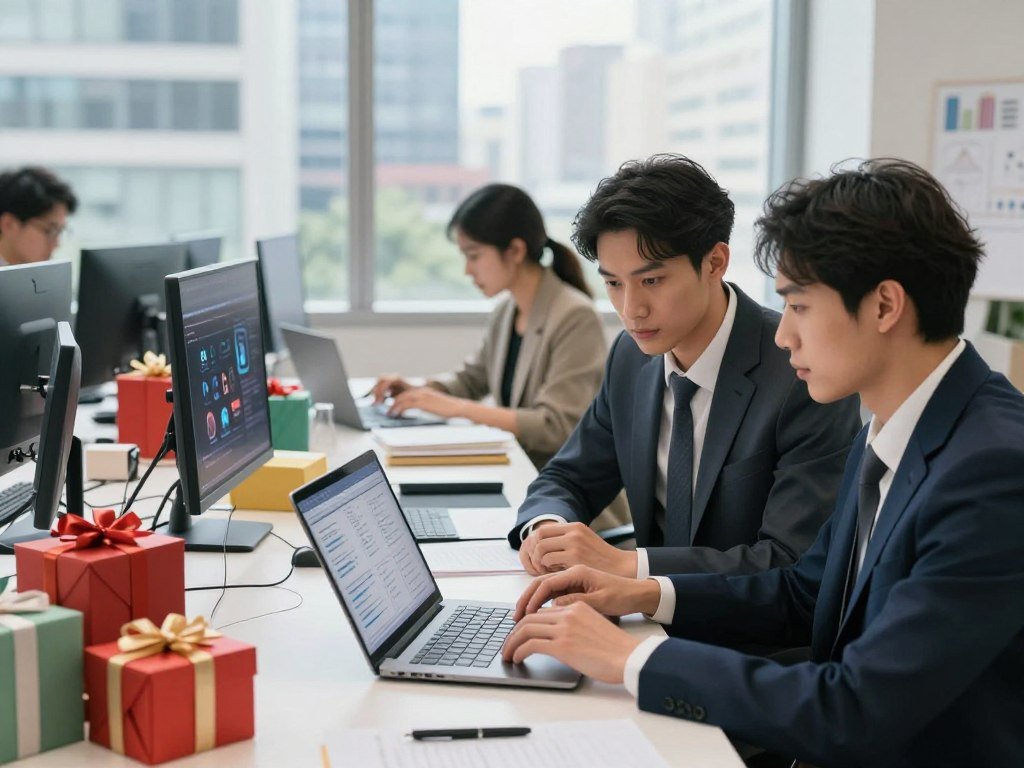 A thoughtful scene depicting a professional workspace where individuals are engaged in AI-related side gigs. In the foreground, a diverse group of two professionals—a man in a smart business suit and a woman in stylish, modest office attire—are collaborating over a laptop, analyzing data insights related to personalized AI gift recommendations. The middle ground features a modern desk cluttered with tech gadgets, AI technology books, and colorful gift boxes illustrating various AI-generated gift ideas. In the background, a bright window reveals a bustling cityscape, casting soft, natural light onto the scene. The overall atmosphere is creative and focused, conveying the legal and ethical considerations involved in AI-driven business ventures. A thoughtful scene depicting a professional workspace where individuals are engaged in AI-related side gigs. In the foreground, a diverse group of two professionals—a man in a smart business suit and a woman in stylish, modest office attire—are collaborating over a laptop, analyzing data insights related to personalized AI gift recommendations. The middle ground features a modern desk cluttered with tech gadgets, AI technology books, and colorful gift boxes illustrating various AI-generated gift ideas. In the background, a bright window reveals a bustling cityscape, casting soft, natural light onto the scene. The overall atmosphere is creative and focused, conveying the legal and ethical considerations involved in AI-driven business ventures.