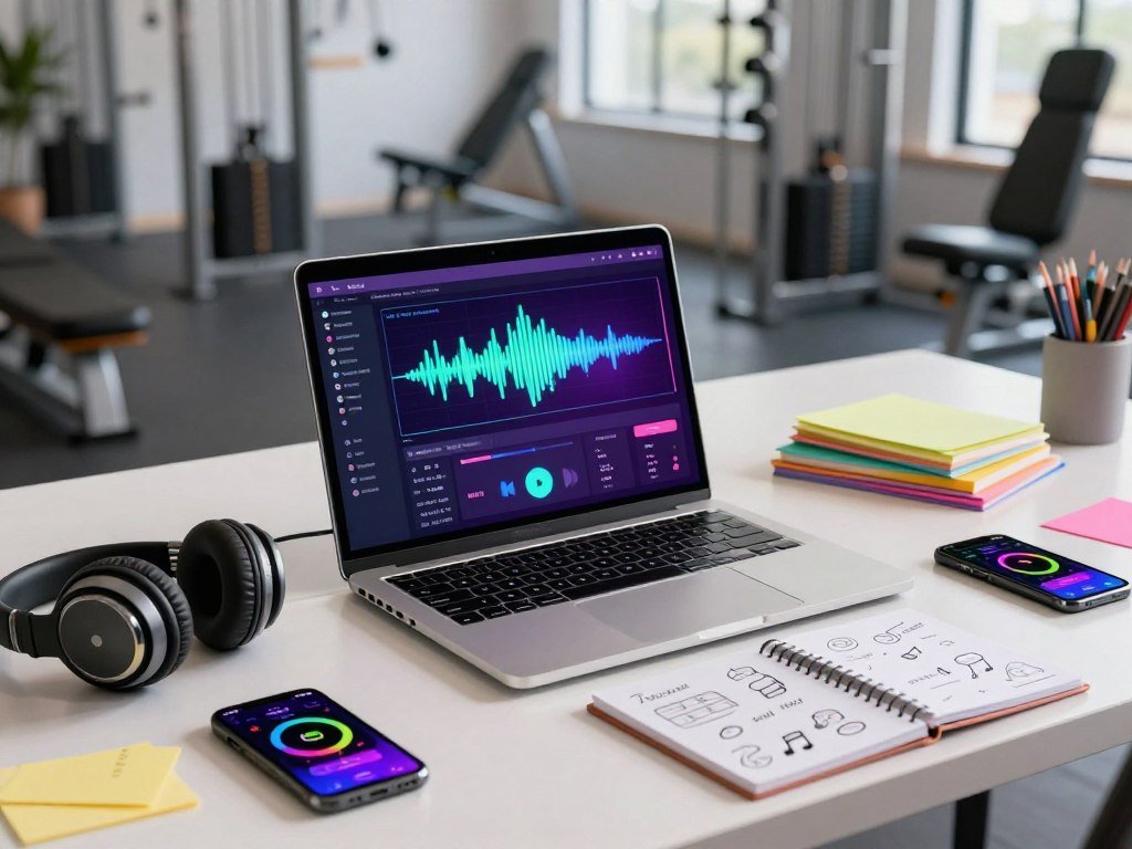 A vibrant and dynamic workspace designed for generating AI workout music playlists. In the foreground, a sleek laptop displays a colorful interface with music waveforms and playlist options. A pair of wireless headphones rests beside it, hinting at an intense workout session. The middle ground features a stylish desk cluttered with notes, a smartphone with a fitness app, and a notepad filled with ideas, contributing to a creative atmosphere. The background showcases a modern gym environment with fitness equipment softly illuminated by natural light filtering through large windows, creating a motivating ambiance. The overall mood is energetic and inspiring, inviting viewers to explore the innovative world of AI-generated workout playlists, with a focus on creativity and productivity in music. Use vibrant colors to enhance the sense of enthusiasm and movement in the scene.