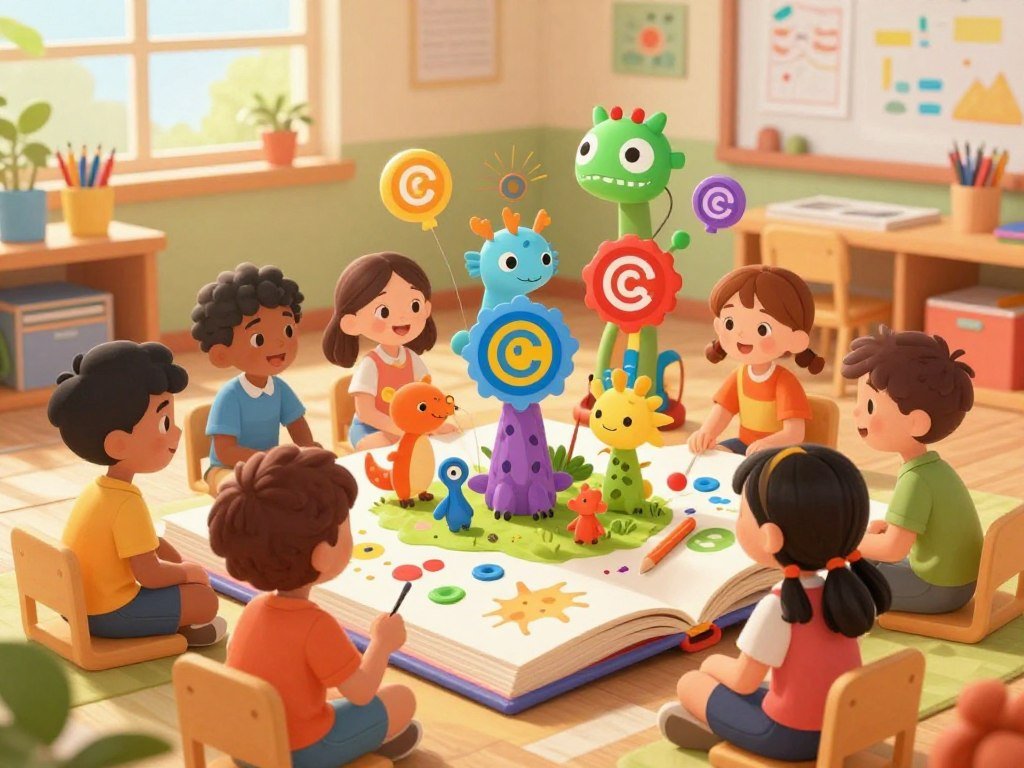 A vibrant and inviting children's book illustration that emphasizes the themes of ethics and creativity in AI art. In the foreground, depict a diverse group of children, aged 5 to 7, sitting together around a colorful storybook, their expressions filled with wonder. In the middle ground, an imaginative array of fantastical creatures and scenes emerges from the book, subtly hinting at copyright symbols and creative tools, symbolizing the intersection of creativity and ethics. The background should showcase a cozy classroom filled with art supplies and books, bathed in warm, soft lighting from large windows. Use a slightly elevated angle to create a sense of inclusivity, fostering a cheerful and inspiring mood, perfect for an educational environment. The overall atmosphere should evoke curiosity and a sense of responsibility towards art and creativity in children. A vibrant and inviting children's book illustration that emphasizes the themes of ethics and creativity in AI art. In the foreground, depict a diverse group of children, aged 5 to 7, sitting together around a colorful storybook, their expressions filled with wonder. In the middle ground, an imaginative array of fantastical creatures and scenes emerges from the book, subtly hinting at copyright symbols and creative tools, symbolizing the intersection of creativity and ethics. The background should showcase a cozy classroom filled with art supplies and books, bathed in warm, soft lighting from large windows. Use a slightly elevated angle to create a sense of inclusivity, fostering a cheerful and inspiring mood, perfect for an educational environment. The overall atmosphere should evoke curiosity and a sense of responsibility towards art and creativity in children.
