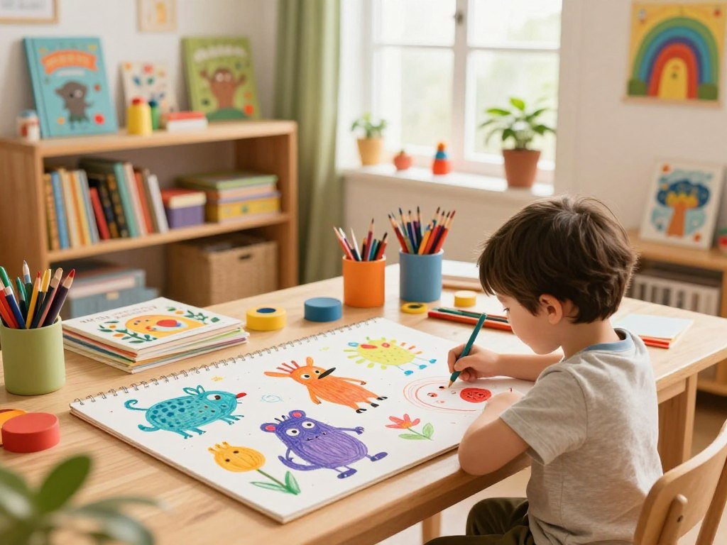 A vibrant and whimsical scene depicting a cozy children’s book illustration studio filled with colorful art supplies and whimsical creations. In the foreground, a cheerful child, wearing modest casual clothing, is engaged in drawing imaginative characters like friendly animals and playful creatures on a wide sketch pad. In the middle ground, a bookshelf brimming with children's storybooks adds warmth and a sense of inspiration. The background features a bright window letting in soft natural light, casting a gentle glow over the entire scene. The atmosphere is lively and playful, evoking creativity and joy, perfect for illustrating the ease of creating captivating kids’ book images. Use a wide-angle lens to capture the fullness of the workspace while maintaining clarity and charm in every detail. A vibrant and whimsical scene depicting a cozy children’s book illustration studio filled with colorful art supplies and whimsical creations. In the foreground, a cheerful child, wearing modest casual clothing, is engaged in drawing imaginative characters like friendly animals and playful creatures on a wide sketch pad. In the middle ground, a bookshelf brimming with children's storybooks adds warmth and a sense of inspiration. The background features a bright window letting in soft natural light, casting a gentle glow over the entire scene. The atmosphere is lively and playful, evoking creativity and joy, perfect for illustrating the ease of creating captivating kids’ book images. Use a wide-angle lens to capture the fullness of the workspace while maintaining clarity and charm in every detail.