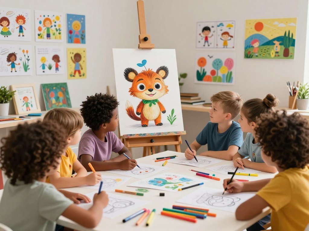 A vibrant and whimsical scene illustrating a kids’ book storyboard in an artist's studio. In the foreground, a diverse group of children joyfully collaborates around a large drawing table, sketches, and colorful markers scattered about. The middle ground features an easel displaying a half-finished character design – a friendly animal mascot with bright, exaggerated features. Behind them, the studio walls are adorned with colorful illustrations and storyboards, bursting with creativity. Soft, warm lighting floods the space, creating an inviting and imaginative atmosphere. The scene captures a sense of wonder and excitement, conveying the magic of storytelling through art, with a slightly tilted camera angle that adds depth and dynamism to the composition. A vibrant and whimsical scene illustrating a kids’ book storyboard in an artist's studio. In the foreground, a diverse group of children joyfully collaborates around a large drawing table, sketches, and colorful markers scattered about. The middle ground features an easel displaying a half-finished character design – a friendly animal mascot with bright, exaggerated features. Behind them, the studio walls are adorned with colorful illustrations and storyboards, bursting with creativity. Soft, warm lighting floods the space, creating an inviting and imaginative atmosphere. The scene captures a sense of wonder and excitement, conveying the magic of storytelling through art, with a slightly tilted camera angle that adds depth and dynamism to the composition.