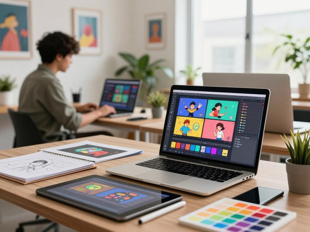 A vibrant, modern workspace filled with cutting-edge technology used for GIF design. In the foreground, a sleek laptop displays a colorful interface showcasing various animated GIFs in progress. Beside it, a digital tablet lies open, with stylus pen resting on top, surrounded by creative tools like sketchpads and color palettes. In the middle ground, a professional individual, dressed in smart casual attire, is intently focused on designing a GIF, showcasing creativity and innovation. The background features a bright, airy room adorned with inspirational art and plants, bathed in soft natural light from large windows. The scene conveys a sense of productivity and creativity, with a warm, inviting atmosphere.
