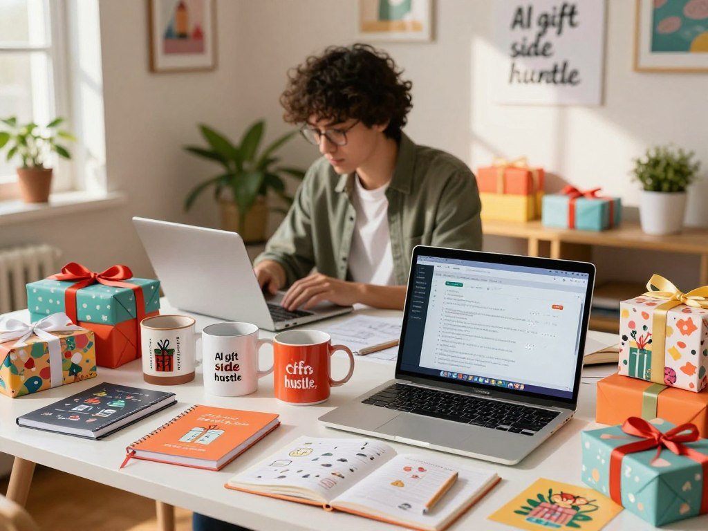A vibrant workspace reflecting the essence of an "AI gift side hustle." In the foreground, a stylish desk cluttered with personalized gift items like custom mugs, personalized notebooks, and unique gift boxes. A laptop is open, displaying an AI algorithm interface analyzing gift trends. In the middle ground, a person in smart casual attire, focused on their work, surrounded by colorful gift wrapping supplies and design sketches. The background features a cozy room with warm lighting and decorative elements, like motivational quotes on the walls and plants adding a touch of life. The mood is energetic and creative, showcasing an entrepreneurial spirit. Natural light filters in through a window, casting soft shadows and enhancing the inviting atmosphere. A vibrant workspace reflecting the essence of an "AI gift side hustle." In the foreground, a stylish desk cluttered with personalized gift items like custom mugs, personalized notebooks, and unique gift boxes. A laptop is open, displaying an AI algorithm interface analyzing gift trends. In the middle ground, a person in smart casual attire, focused on their work, surrounded by colorful gift wrapping supplies and design sketches. The background features a cozy room with warm lighting and decorative elements, like motivational quotes on the walls and plants adding a touch of life. The mood is energetic and creative, showcasing an entrepreneurial spirit. Natural light filters in through a window, casting soft shadows and enhancing the inviting atmosphere.