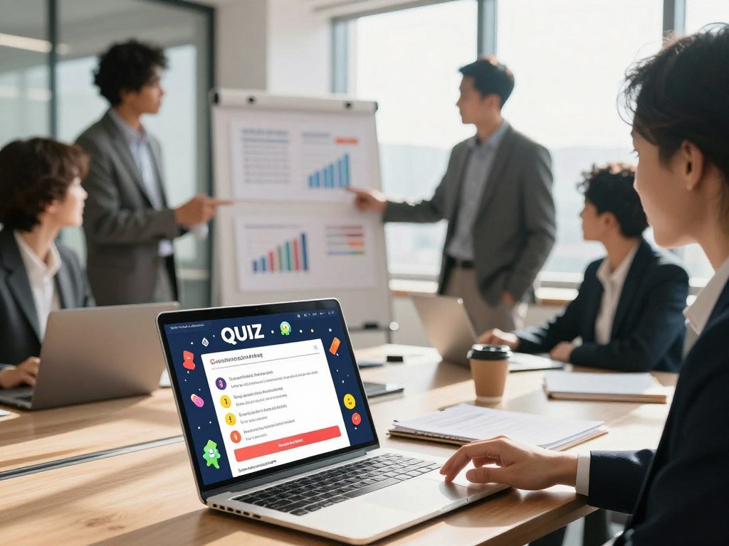 A visually appealing and informative composition illustrating effective quiz monetization strategies. In the foreground, a laptop displays a vibrant quiz interface, filled with interactive questions and engaging visuals; a hand hovers over the touchpad. In the middle, a diverse group of professionals, dressed in business attire, discuss strategies while analyzing charts and graphs on a flip chart detailing quiz performance metrics. In the background, a modern office setting with large windows showcases a bright, sunny day. The overall mood is dynamic and collaborative, emphasizing innovation and opportunity. Soft, natural light illuminates the scene, casting gentle shadows that add depth. The focus is on the interaction and planning of monetization tactics for quizzes.