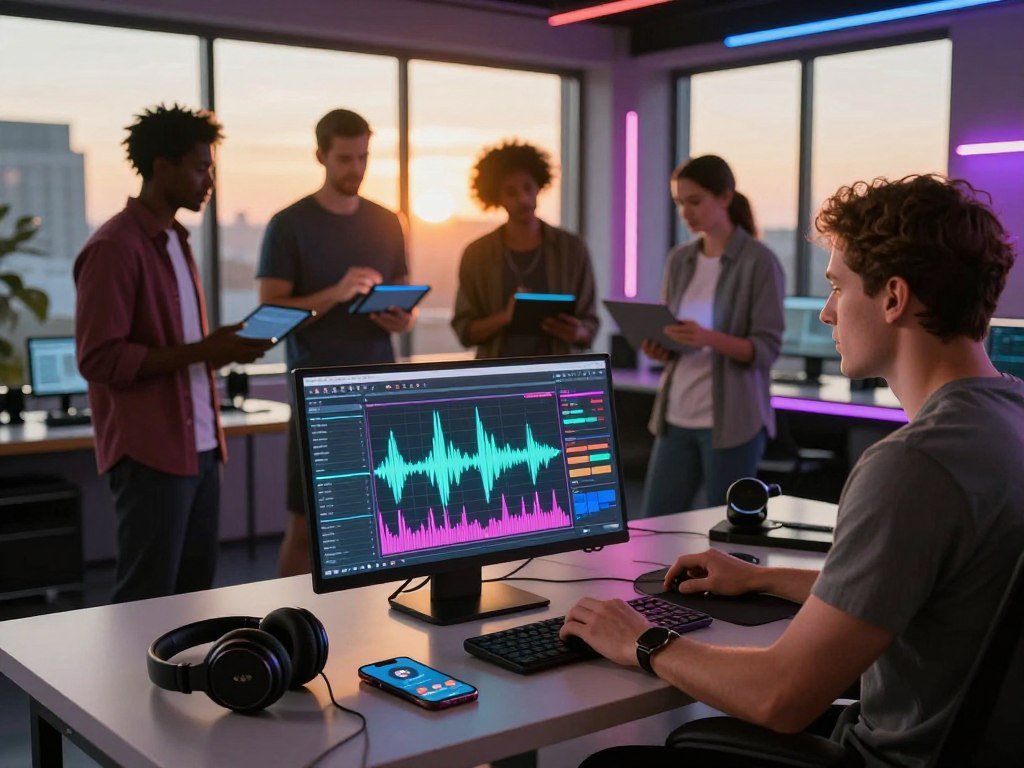 A visually dynamic scene depicting a futuristic AI music composition studio designed for fitness playlists. In the foreground, a sleek digital audio workstation interface is open, showcasing vibrant sound waveforms and beat patterns. A pair of headphones and a smartphone with a fitness app are placed beside it. In the middle ground, a diverse group of three individuals, dressed in professional yet casual attire, engage in brainstorming sessions with tablets and laptops, exuding collaboration and creativity. The background features a large window with panoramic views of a cityscape at sunset, casting warm golden light throughout the space, and colorful LED lights illuminating the studio. The atmosphere is energetic and optimistic, emphasizing innovation in music creation tailored for fitness.