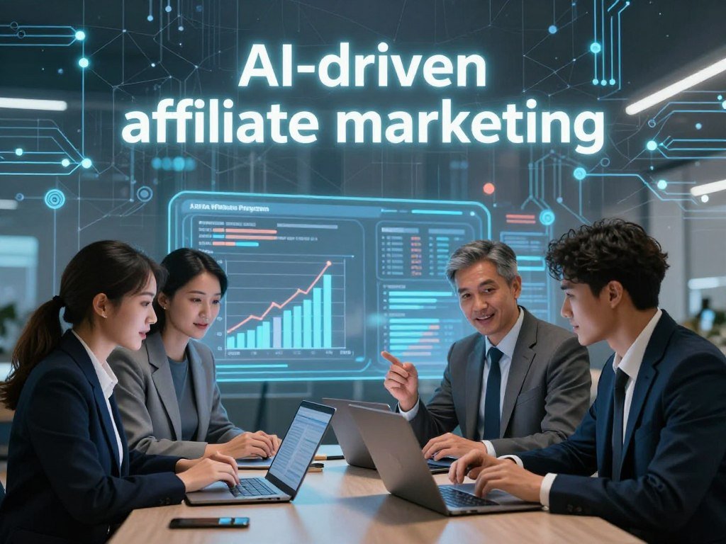 A visually engaging scene depicting "AI-driven affiliate marketing." In the foreground, a diverse group of three professionals, two men and one woman, dressed in smart business attire, analyze data on laptops while discussing strategies. In the middle ground, illustrate a digital interface with graphs and analytics showcasing successful affiliate programs and niche selections. The background features an abstract representation of a digital landscape, filled with glowing circuits and network connections, symbolizing the integration of AI technology. Use soft, futuristic lighting to create a sense of productivity and innovation. The mood should be optimistic and collaborative, highlighting the synergy between technology and entrepreneurship, with a focus on growth and success. A visually engaging scene depicting "AI-driven affiliate marketing." In the foreground, a diverse group of three professionals, two men and one woman, dressed in smart business attire, analyze data on laptops while discussing strategies. In the middle ground, illustrate a digital interface with graphs and analytics showcasing successful affiliate programs and niche selections. The background features an abstract representation of a digital landscape, filled with glowing circuits and network connections, symbolizing the integration of AI technology. Use soft, futuristic lighting to create a sense of productivity and innovation. The mood should be optimistic and collaborative, highlighting the synergy between technology and entrepreneurship, with a focus on growth and success.
