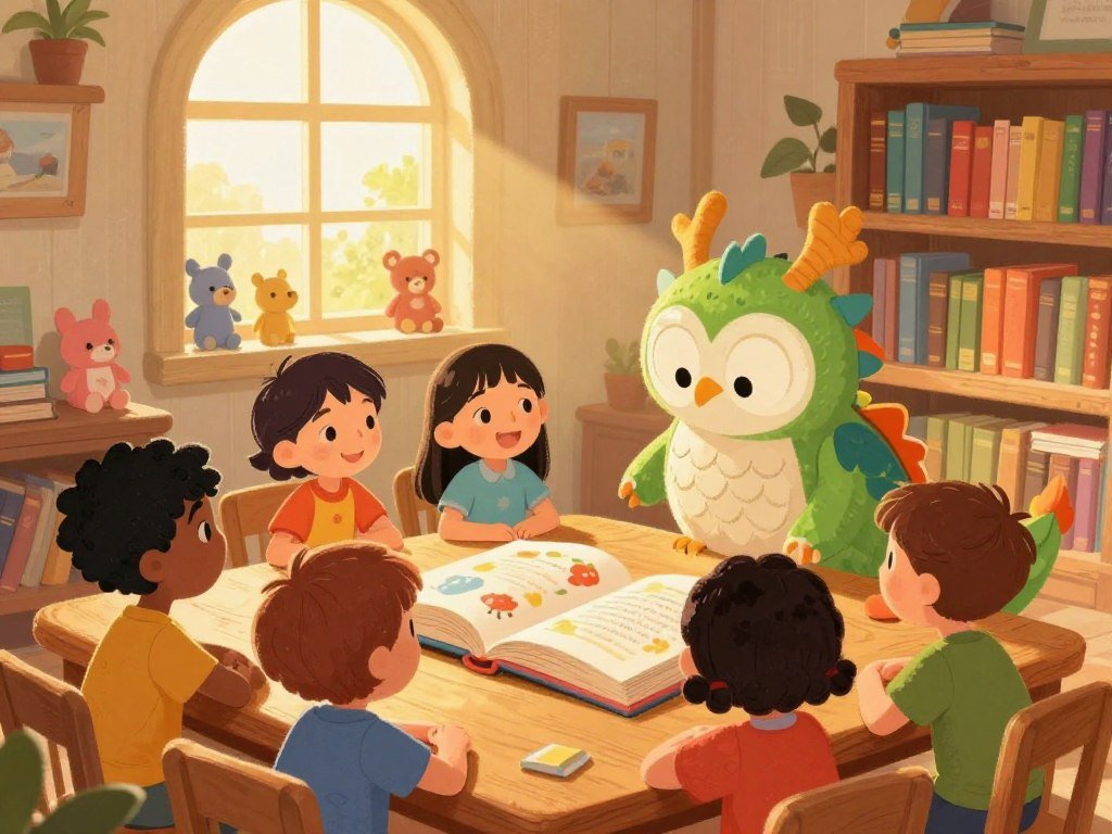 A whimsical children's book illustration featuring a vibrant scene of a cozy, story-filled library. In the foreground, a diverse group of children, aged 5 to 10, are gathered around a large, colorful storybook open on a wooden table. They are intently listening to a friendly animated character, like a cheerful dragon or a wise owl, who is animatedly telling a story. In the middle ground, bookshelves filled with colorful books and plush toys create a warm and inviting atmosphere. In the background, large windows let soft sunlight pour in, illuminating the space with a golden glow. The mood is playful and imaginative, inspiring a sense of wonder and creativity among young readers. A whimsical children's book illustration featuring a vibrant scene of a cozy, story-filled library. In the foreground, a diverse group of children, aged 5 to 10, are gathered around a large, colorful storybook open on a wooden table. They are intently listening to a friendly animated character, like a cheerful dragon or a wise owl, who is animatedly telling a story. In the middle ground, bookshelves filled with colorful books and plush toys create a warm and inviting atmosphere. In the background, large windows let soft sunlight pour in, illuminating the space with a golden glow. The mood is playful and imaginative, inspiring a sense of wonder and creativity among young readers.