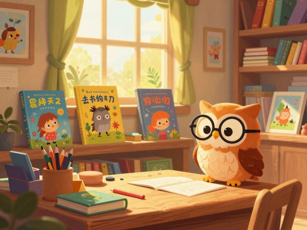 A whimsical children’s book illustration showcasing a cozy storybook workshop. In the foreground, an animated, friendly animal character, such as a wise owl wearing glasses, is perched on a wooden desk, surrounded by colorful storybooks and art supplies. The middle ground features a vibrant scene with various whimsical children's book covers displayed prominently, each demonstrating unique styles yet displaying a consistent color palette. In the background, a large window lets in warm, golden sunlight, illuminating the space filled with imaginative artwork and shelves stocked with a variety of books. The atmosphere is cheerful and inviting, evoking a sense of creativity and storytelling magic, with soft shadows emphasizing the depth of the workshop, captured with a slightly angled perspective for an engaging view. A whimsical children’s book illustration showcasing a cozy storybook workshop. In the foreground, an animated, friendly animal character, such as a wise owl wearing glasses, is perched on a wooden desk, surrounded by colorful storybooks and art supplies. The middle ground features a vibrant scene with various whimsical children's book covers displayed prominently, each demonstrating unique styles yet displaying a consistent color palette. In the background, a large window lets in warm, golden sunlight, illuminating the space filled with imaginative artwork and shelves stocked with a variety of books. The atmosphere is cheerful and inviting, evoking a sense of creativity and storytelling magic, with soft shadows emphasizing the depth of the workshop, captured with a slightly angled perspective for an engaging view.