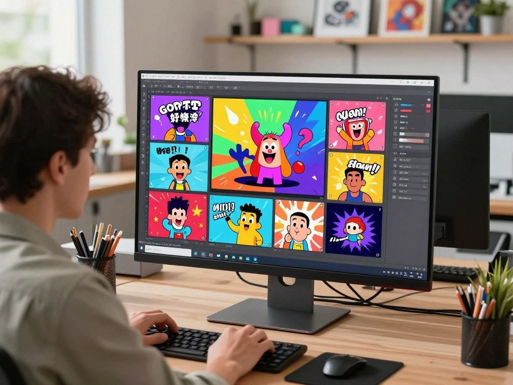 An engaging scene depicting a vibrant animated GIF maker workspace, featuring a sleek computer with an open GIF design software interface filled with colorful and dynamic elements. In the foreground, a professional wearing smart casual attire is actively creating GIFs, their focused expression illuminating the creative process. The middle layer showcases various animated GIF examples displayed on the monitor, bursting with energy and attraction, such as cartoon characters, fun quotes, and visual effects. The background features a modern office setting with bright, warm lighting, including shelves filled with creative resources and inspirations. The atmosphere is lively and innovative, capturing the essence of creativity in digital marketing. Aim for a clean, detailed composition that reflects the excitement of creating viral content.